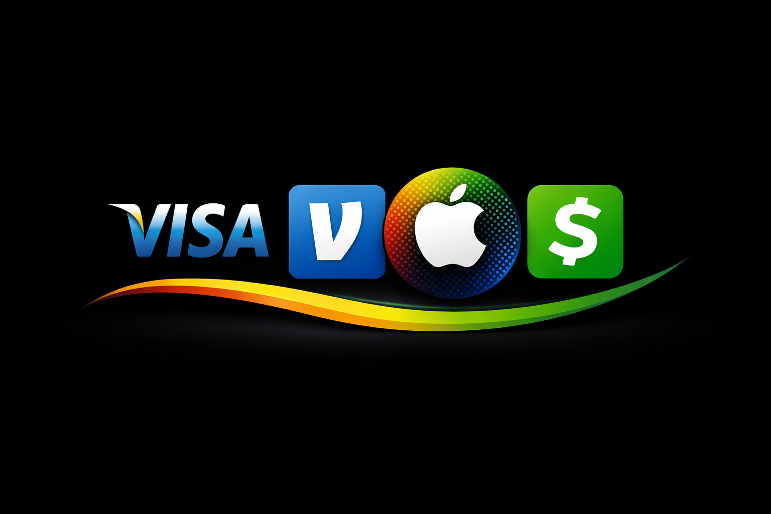 Icons of Visa, V, Apple, and cash indicating payment options
