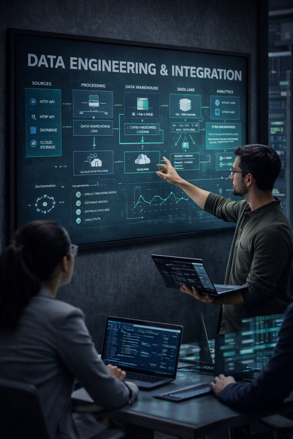 A man presenting data engineering and integration concepts on a large digital screen in a meeting room, with two seated colleagues using laptops.