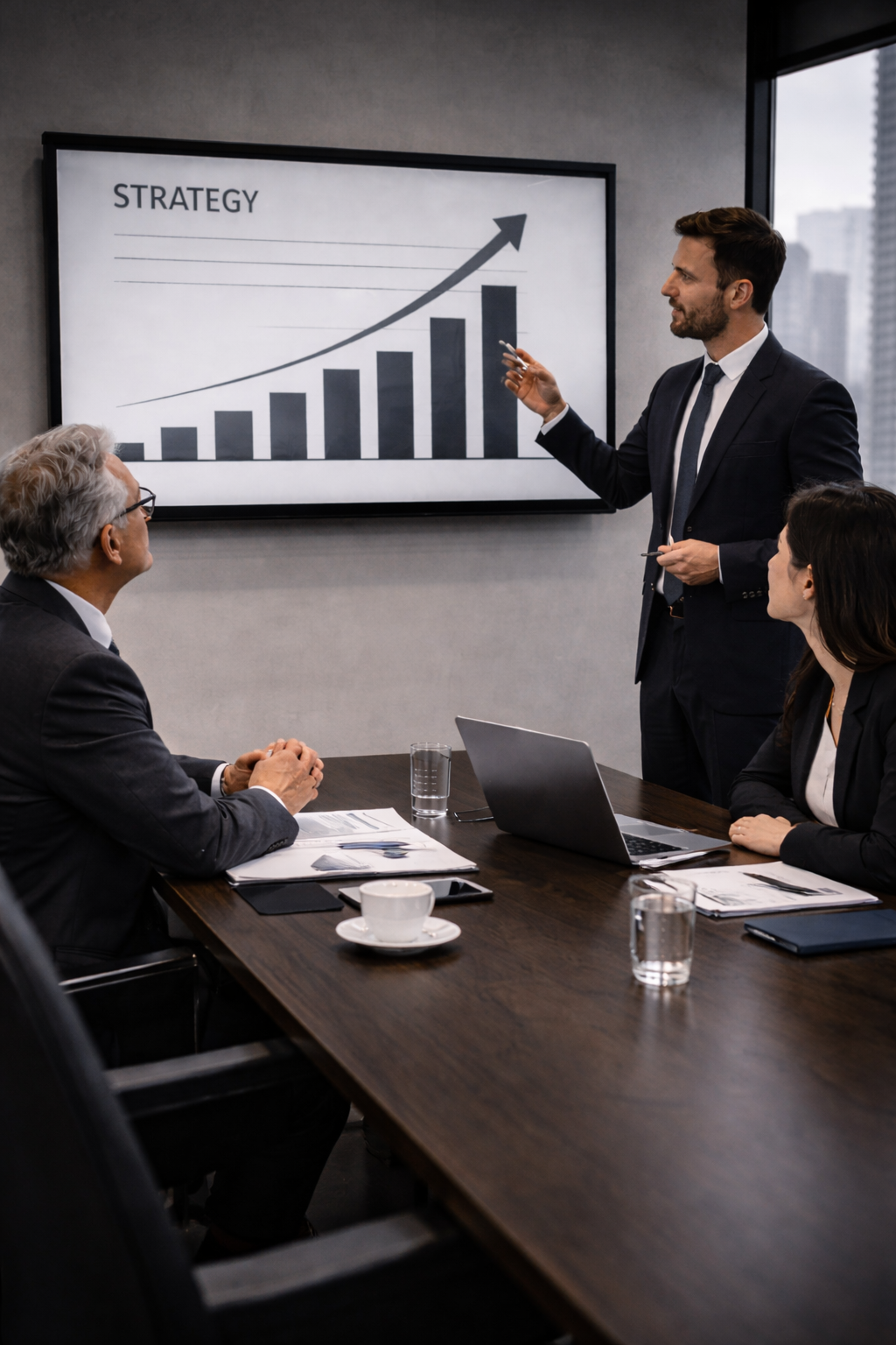 Businessman in suit presenting a growth chart on a whiteboard to colleagues in a modern office conference room.