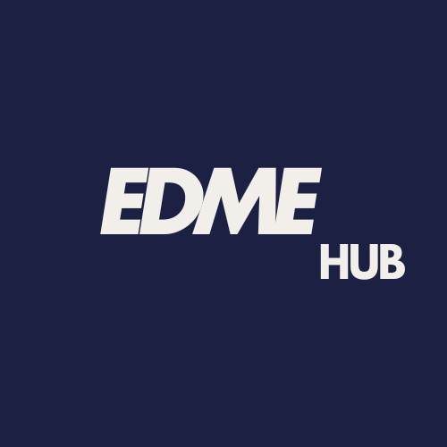 Logo for EDM Hub with white text on a dark blue background