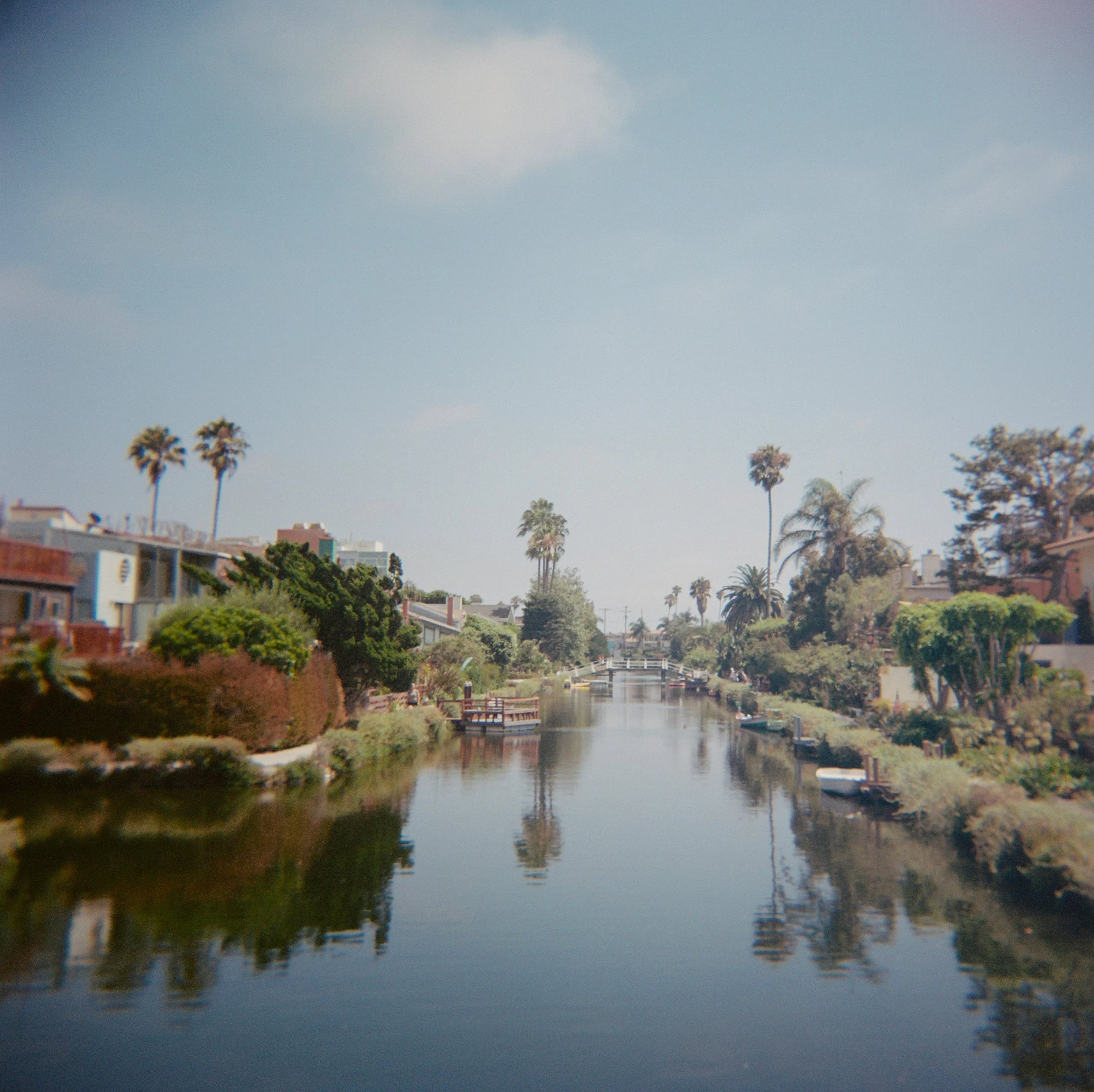A peaceful canal lined with houses and lush greenery, with palm trees in the background and a bridge far in the distance under a partly cloudy sky.