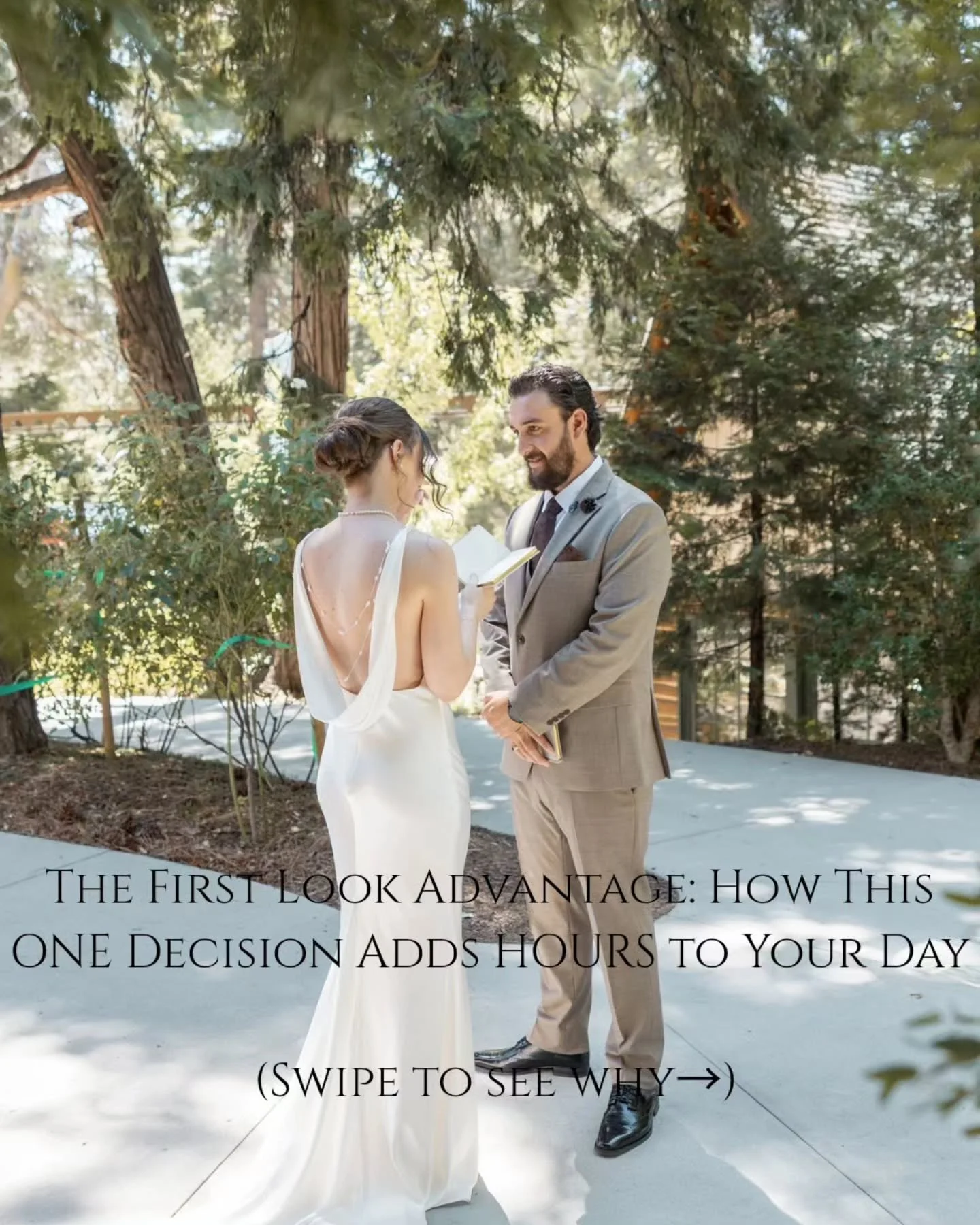 The first look question! 👰&zwj;♀️🤵&zwj;♂️
Here's what couples don't realize: doing a first look isn't just about seeing each other early&mdash;it's about reclaiming 2-3 HOURS of your wedding day.
💡 What you gain:
&bull; Relaxed portrait time (no r