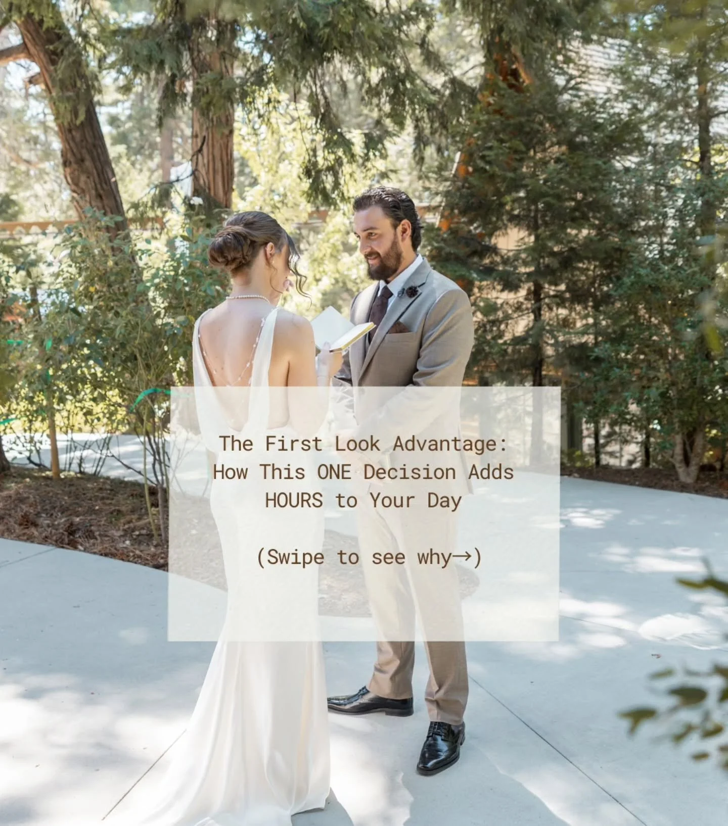 The first look question! 👰&zwj;♀️🤵&zwj;♂️
Here's what couples don't realize: doing a first look isn't just about seeing each other early&mdash;it's about reclaiming 2-3 HOURS of your wedding day.
💡 What you gain:
&bull; Relaxed portrait time (no r