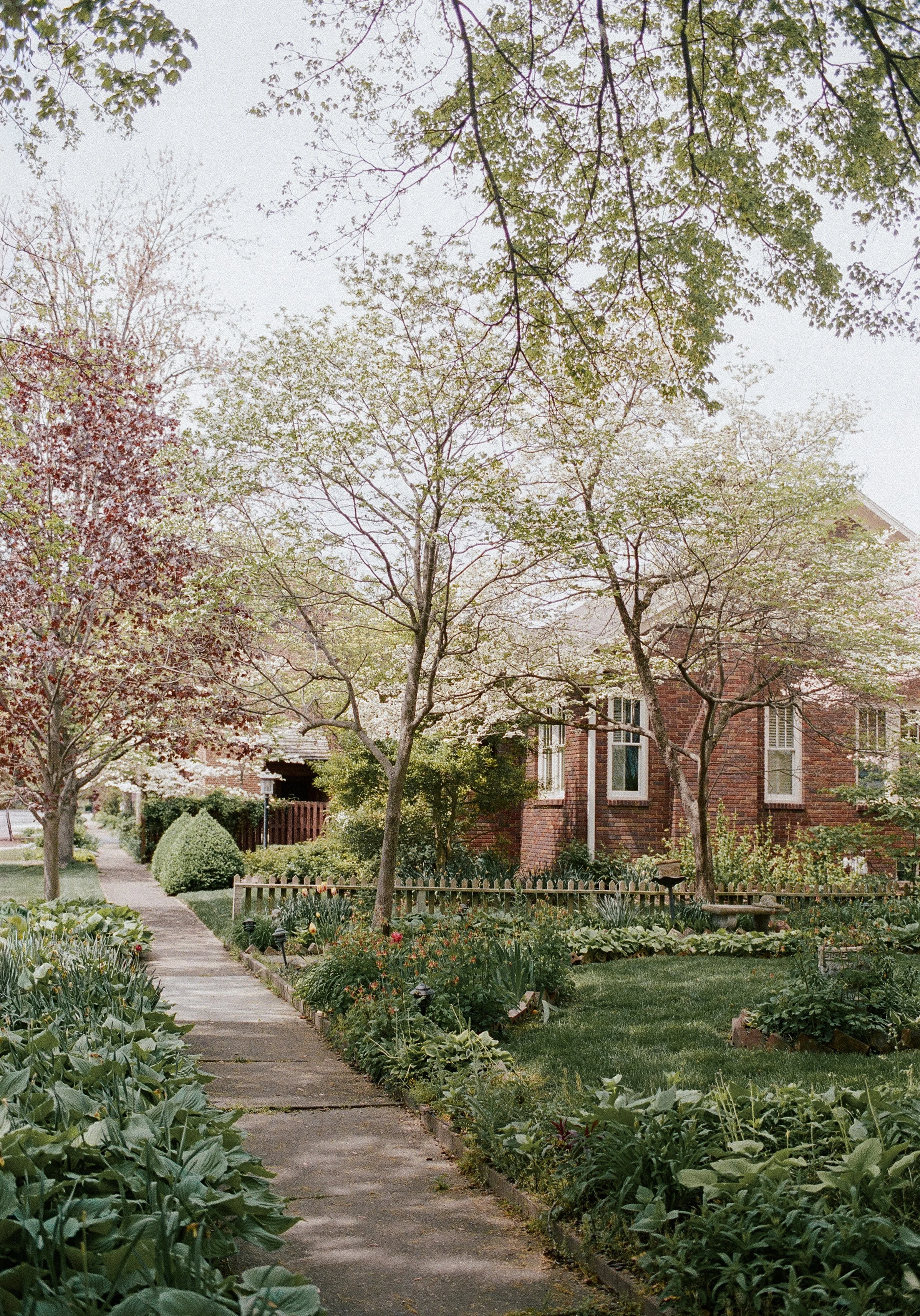 A sidewalk in a garden with lush greenery and flower beds, leading to a brick house with trees and a cloudy sky overhead.