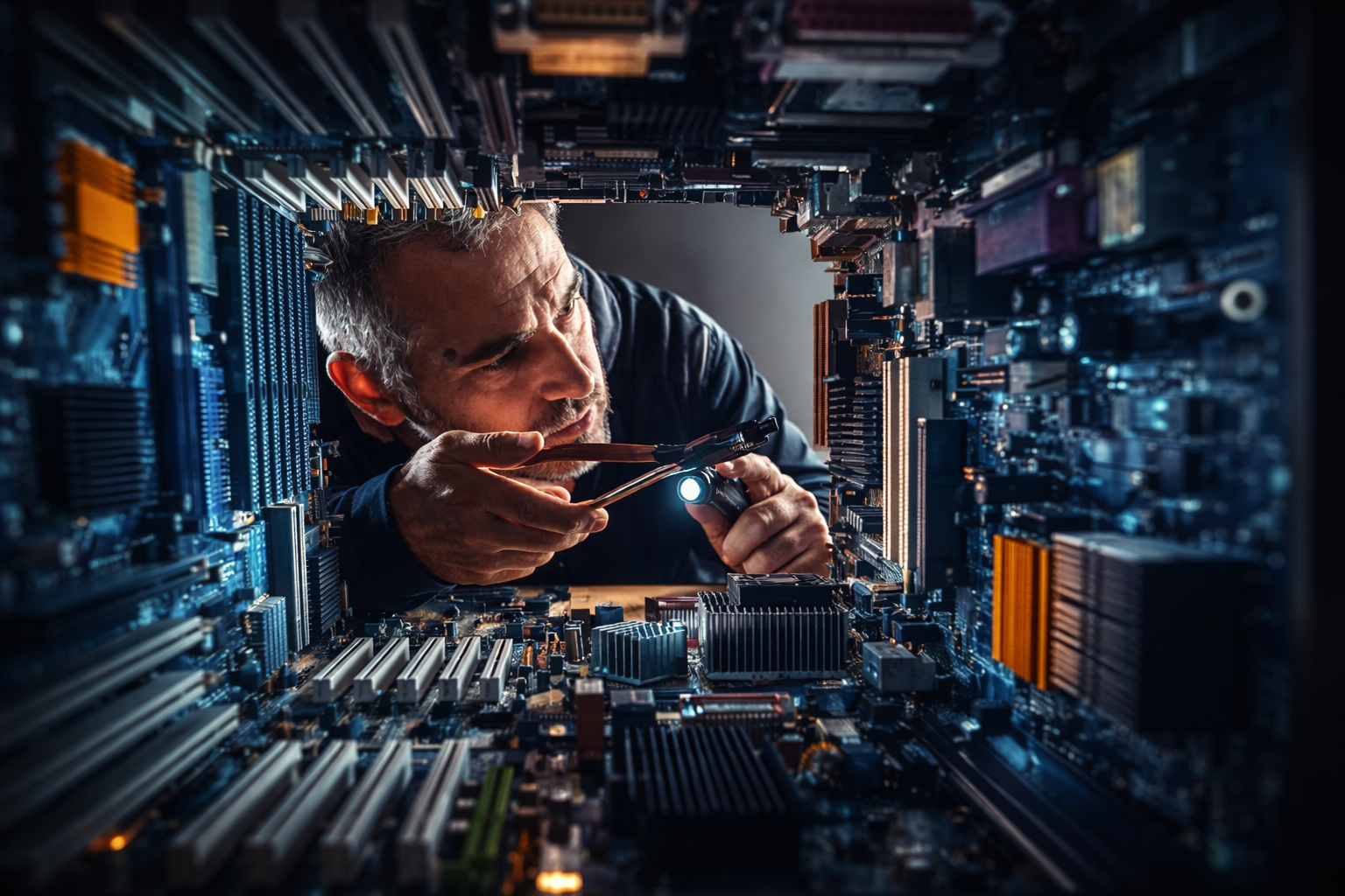 A man working inside a computer case, inspecting and repairing its internal components with a flashlight.