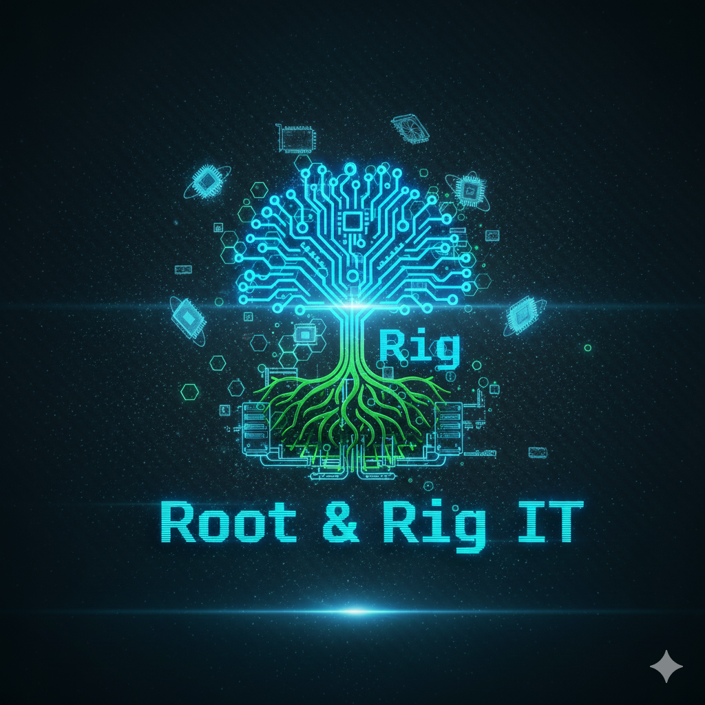 Digital illustration of a tree with circuit board branches and root, with the text 'Root & Rig IT' underneath.