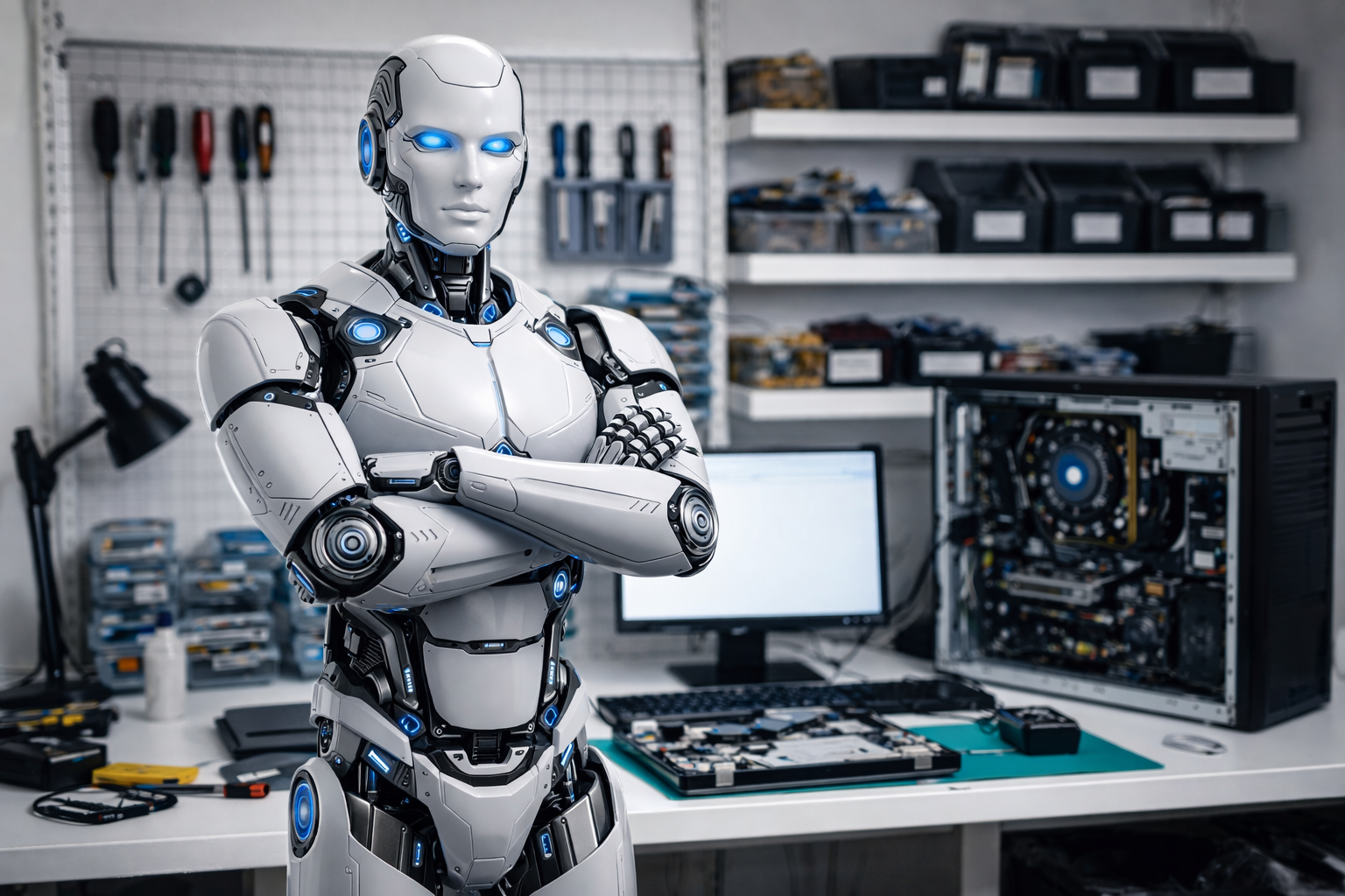 A humanoid robot with glowing blue eyes and a white and black mechanical body stands with arms crossed in a workshop. The background includes tools, a computer monitor, and an open computer case on a workbench.