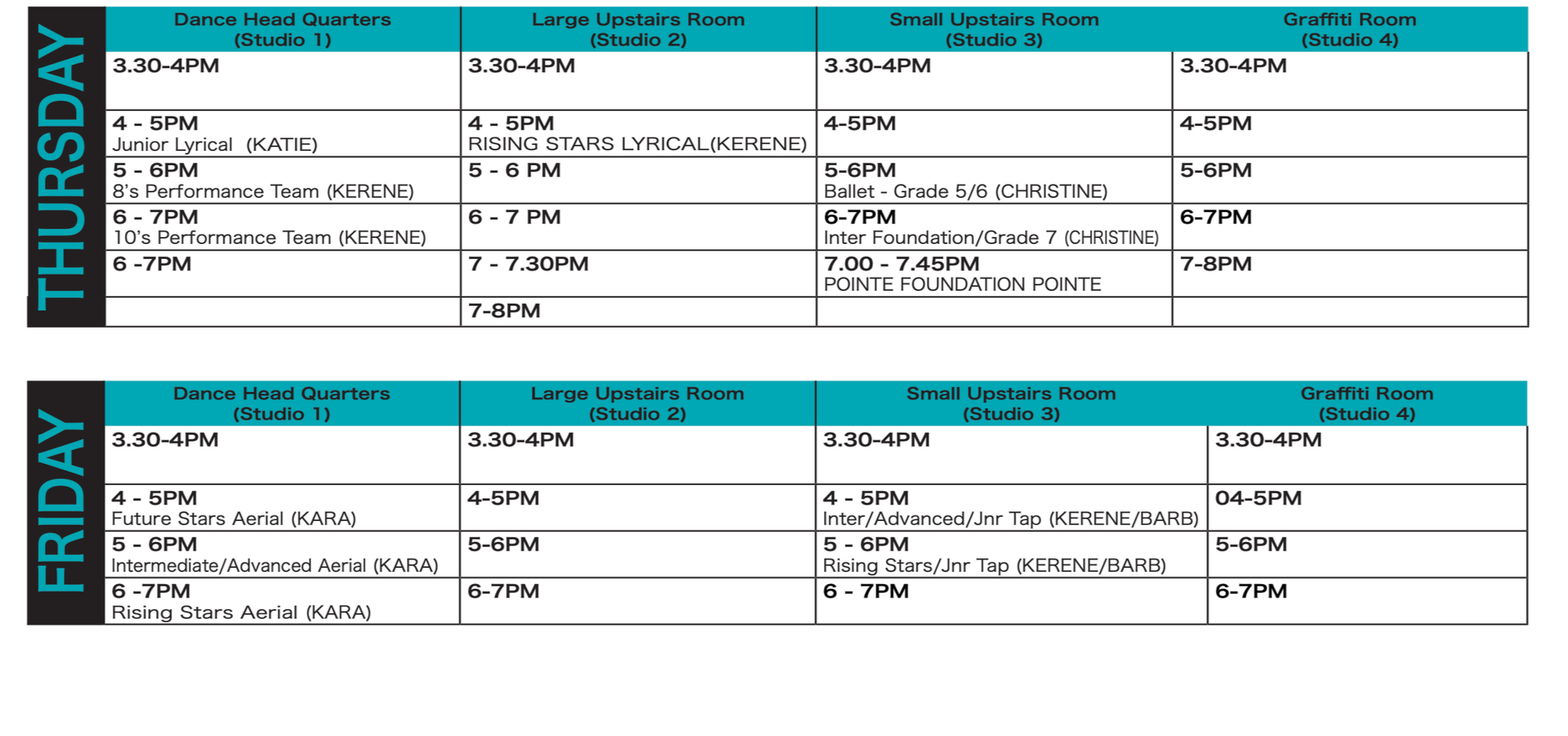 Dance class timetable for 2026, Term 1, for Gold Coast dance studio, Dance Headquarters. Organised by days Thursday and Friday. The schedule includes class names, instructors, and times for each day.