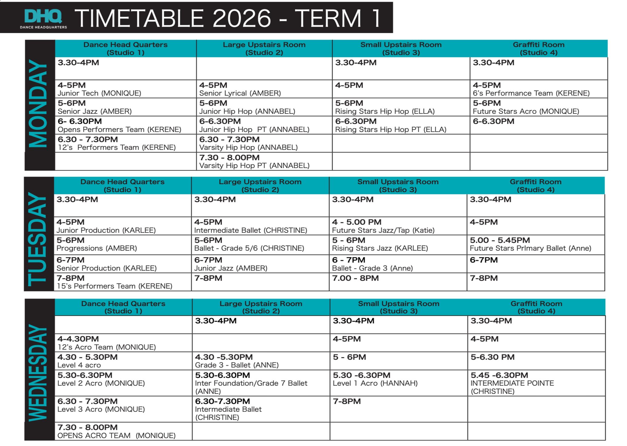 Dance class timetable for 2026, Term 1, for Gold Coast dance studio, Dance Headquarters. Organised by days Monday to Wednesday. The schedule includes class names, instructors, and times for each day.