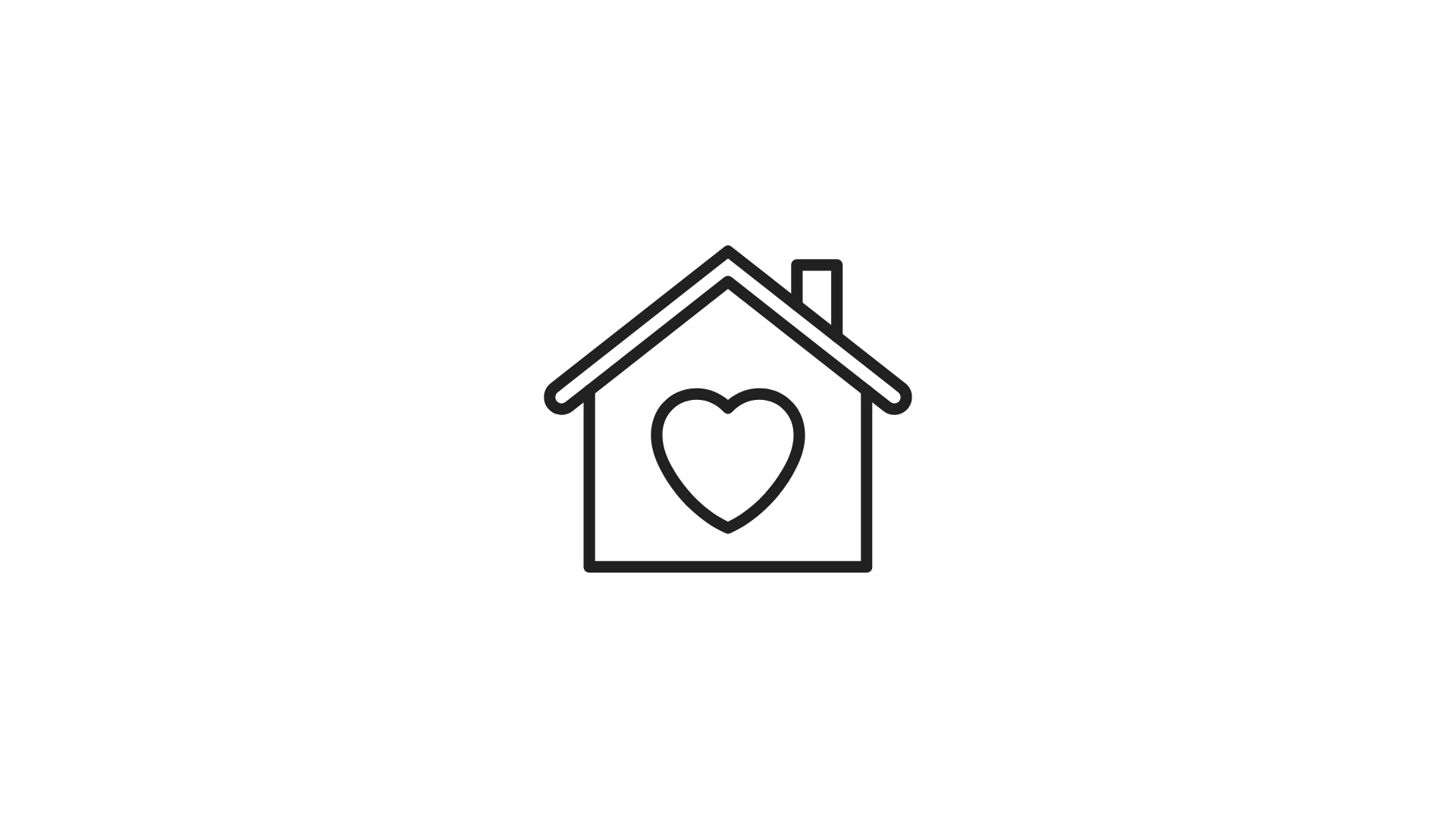 Outline of a house with a heart inside, centered on a black background.