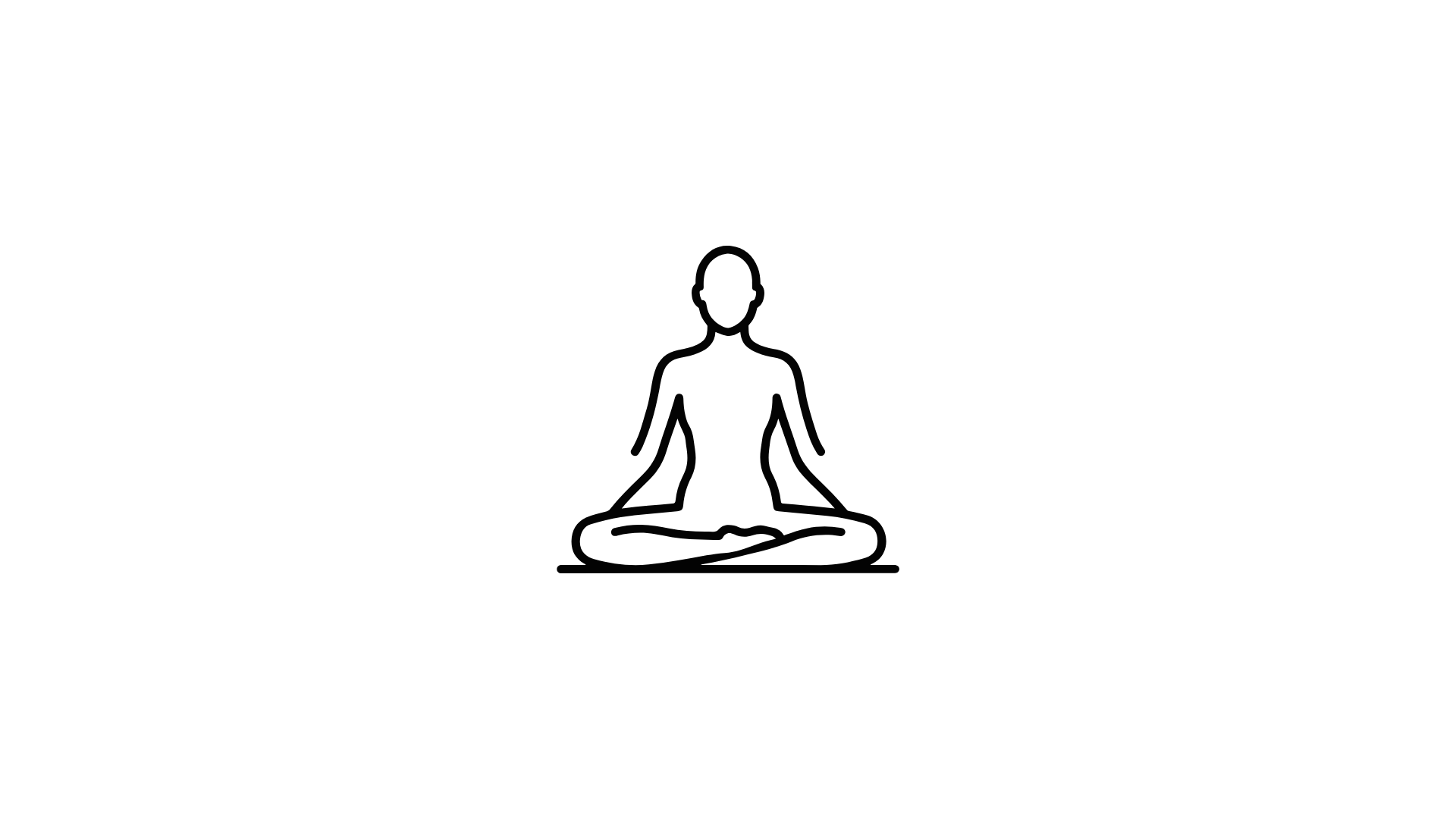 Line drawing of a person sitting in a meditative lotus pose with crossed legs and hands resting on knees, centered on a black background.