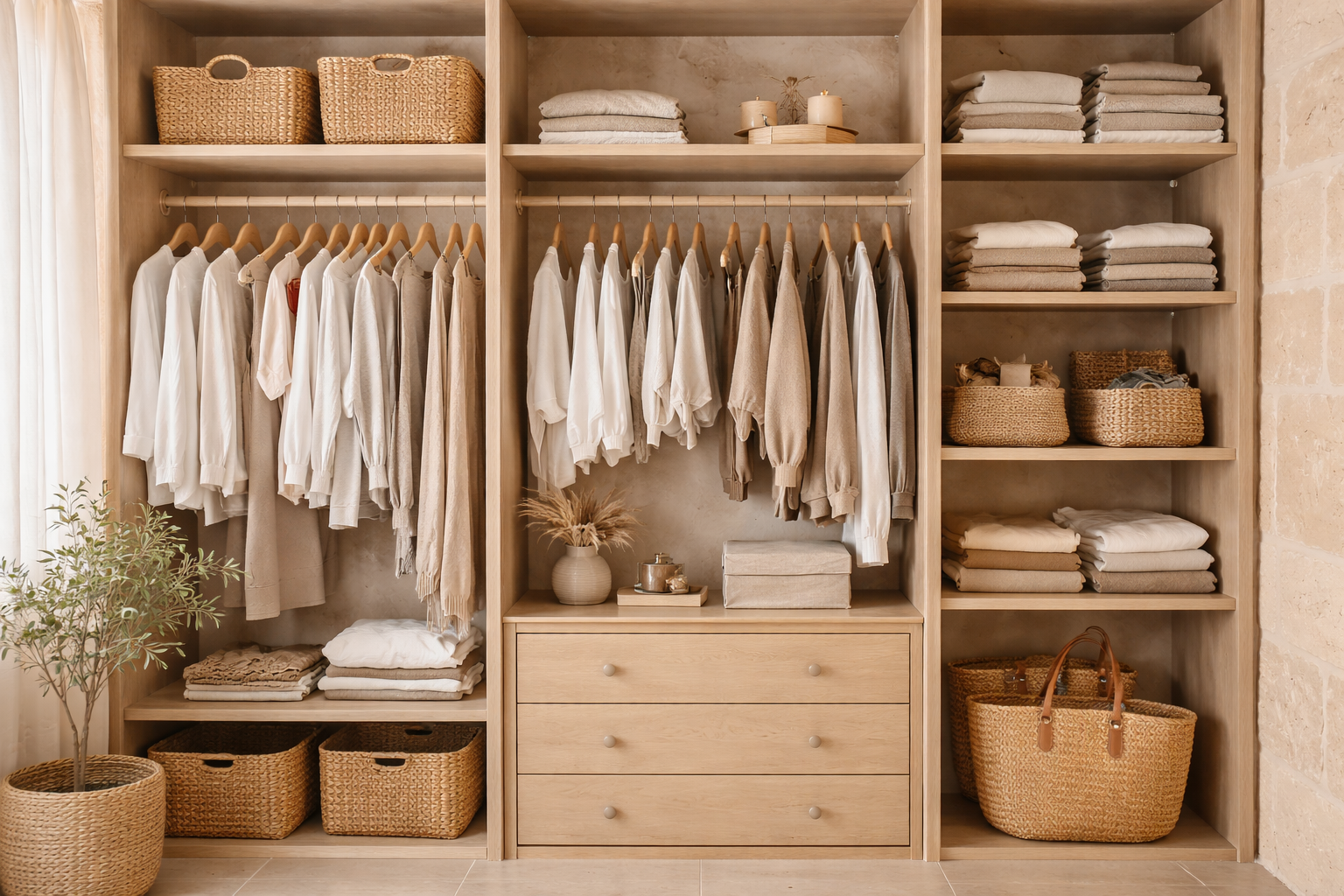 A neatly organized closet with hanging clothes, shelves of folded towels, and woven storage baskets, decorative candles, and a small vase on a wooden dresser.
