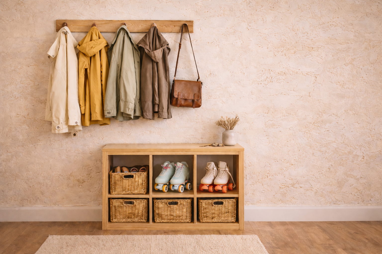 Wooden shoe rack with three compartments containing baskets and roller skates, above a wall with hooks holding coats and a brown shoulder bag, against a textured beige wall with a vase of dried flowers on top.