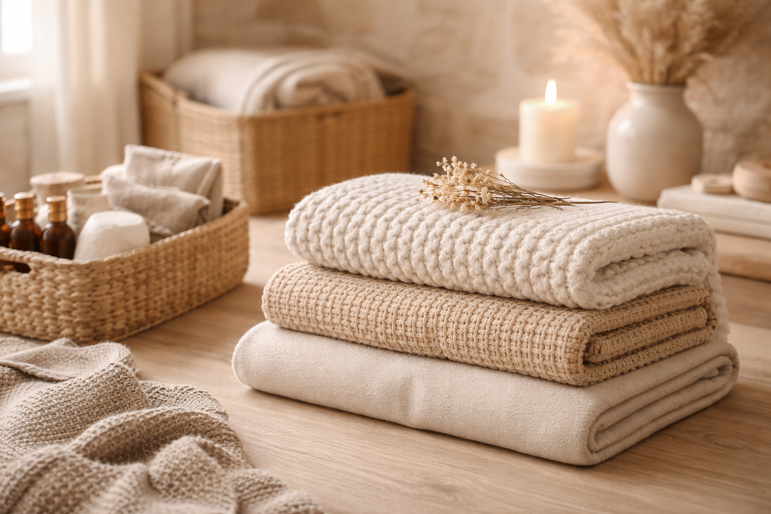 Stacked cozy towels with a sprig of dried flowers on top, set on a wooden surface in a warm, softly lit room with candles and decorative items in the background.