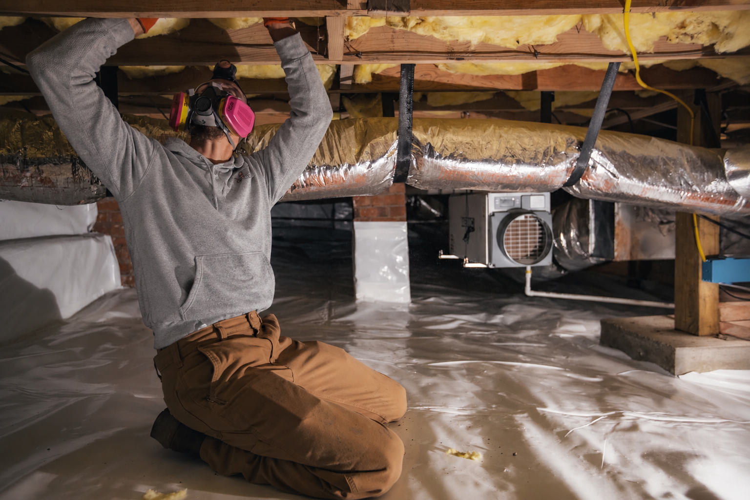 Sky’s Crew performing crawlspace ductwork and insulation-related services beneath a home.