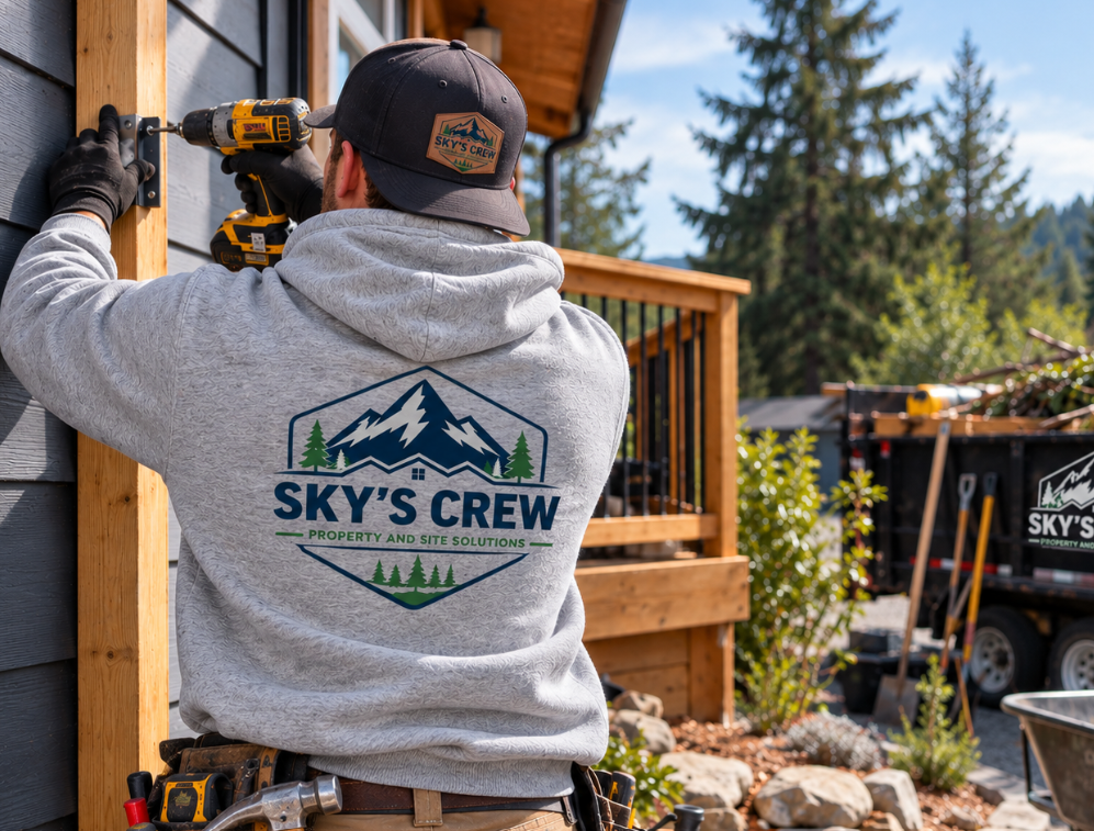 A person wearing a gray hoodie with the logo "Sky's Crew" on the back is using a cordless drill to screw a bracket onto the side of a house. Sky’s Crew completing exterior property maintenance and repair work in Western Washington.