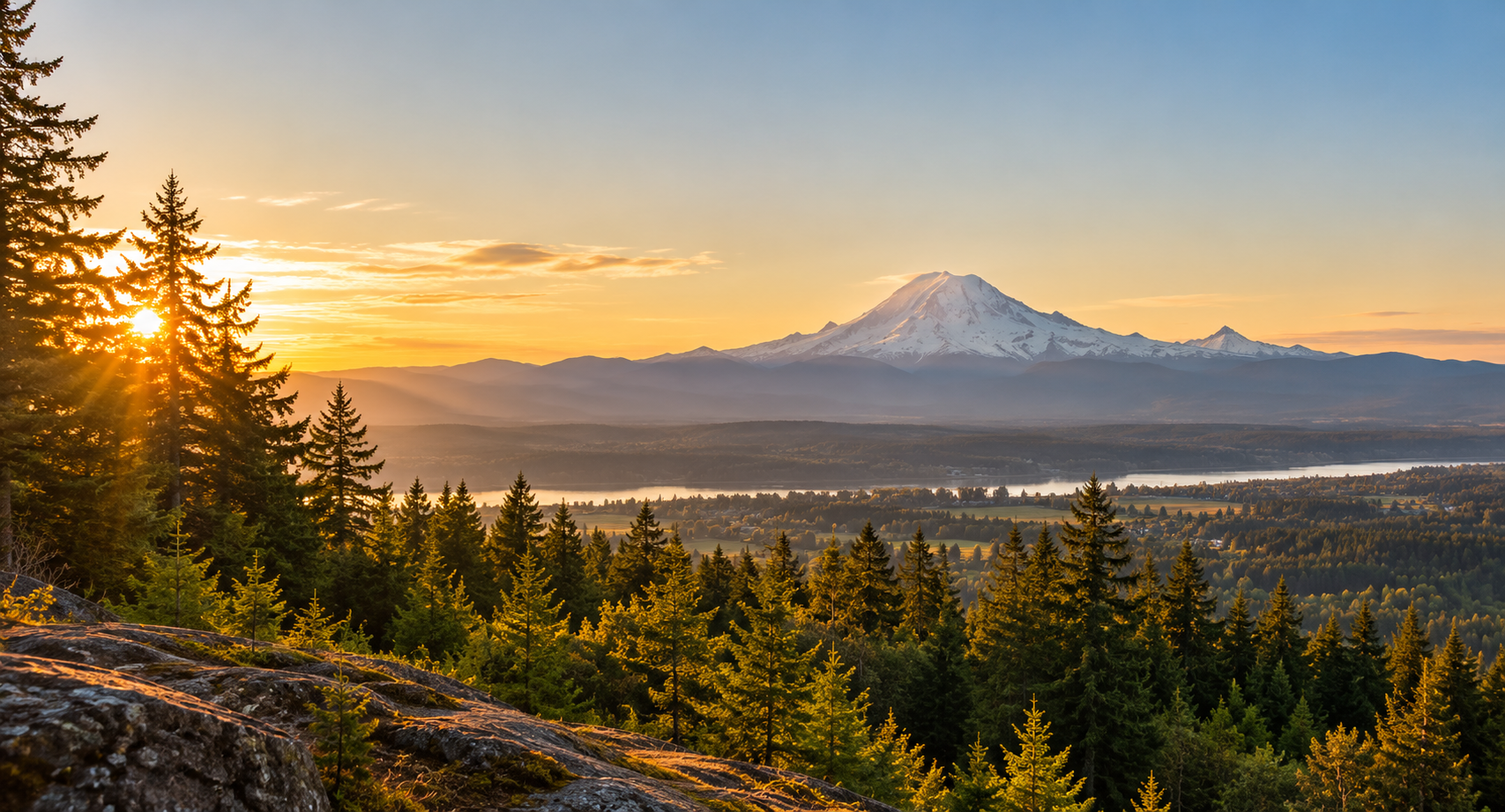 Mount Rainier overlooking evergreen forests in the Pacific Northwest at sunset.
