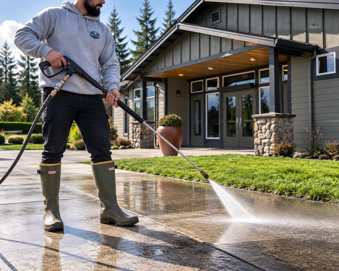Residential pressure washing service cleaning a concrete driveway in Western Washington.