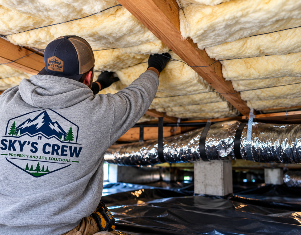 A worker installing insulation in the ceiling of a building, wearing a gray hoodie with 'Sky's Crew' logo, a cap, and gloves. Sky’s Crew installing residential insulation for improved home comfort and energy efficiency.
