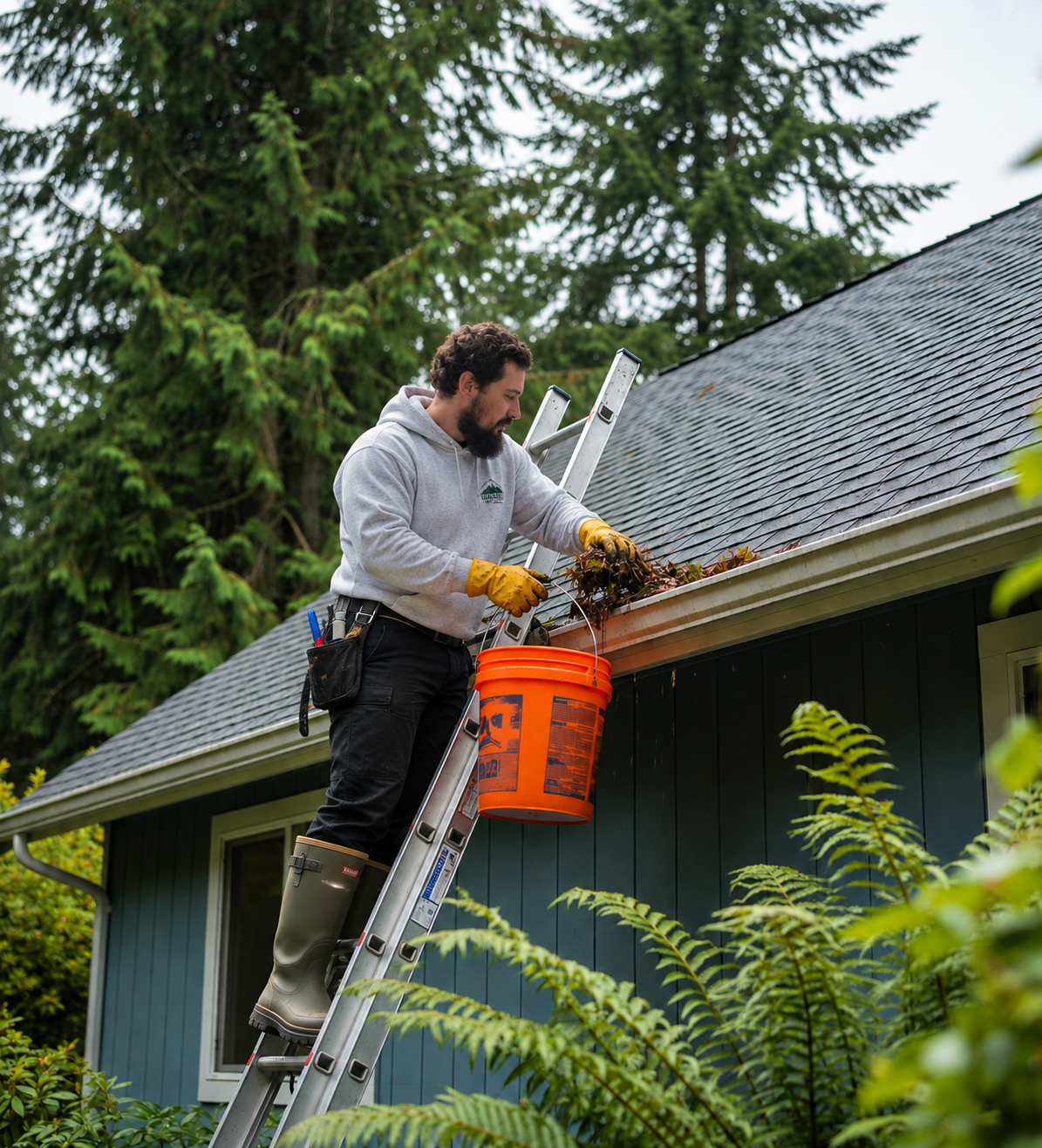Residential gutter cleaning service removing leaves and debris from a home’s gutters.