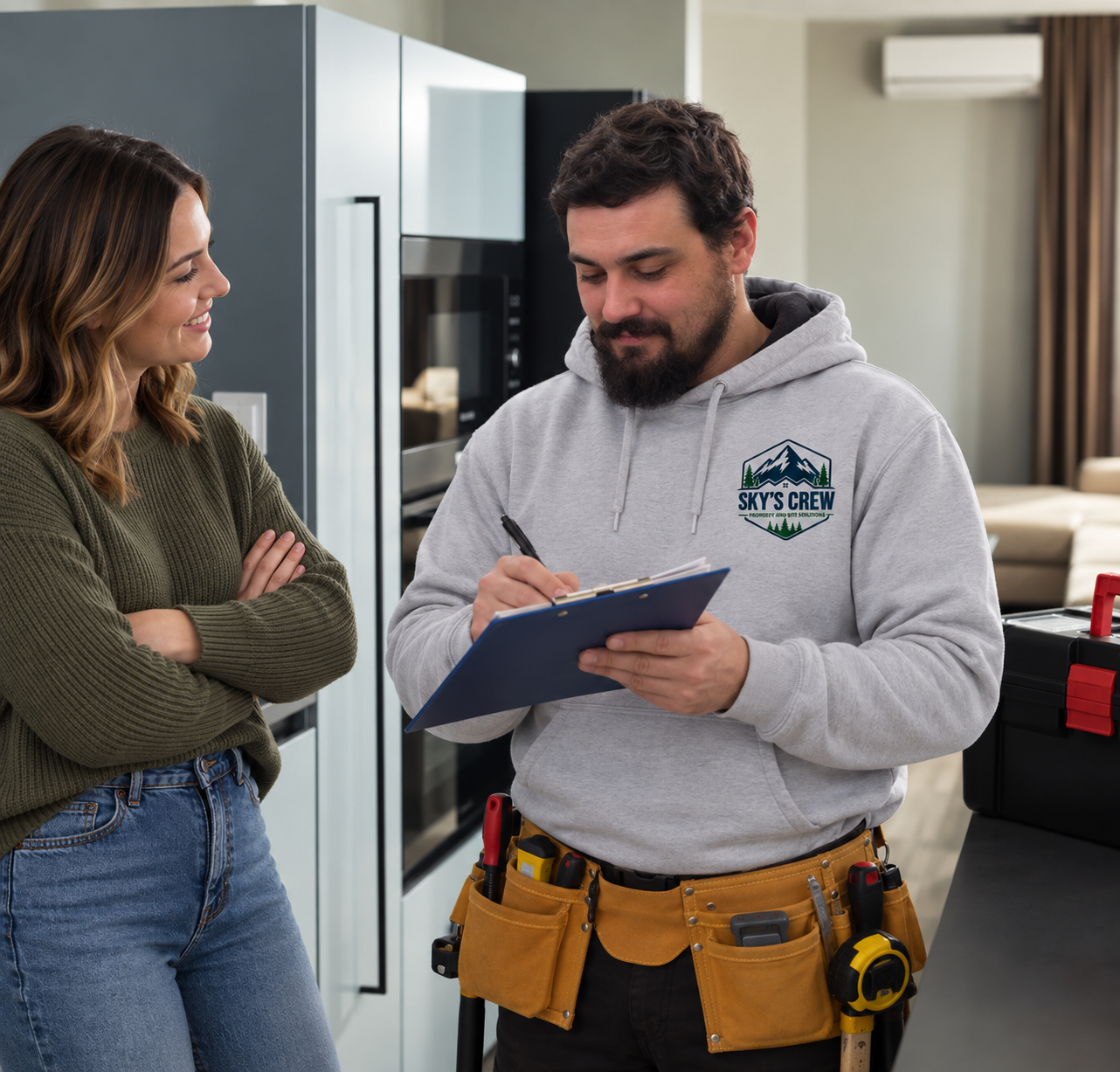 Sky’s Crew discussing residential handyman and property maintenance services with a homeowner. Man in a light gray hoodie with a "Sky's Crew" logo, who is writing on a clipboard with tools on his belt, inside a modern kitchen.