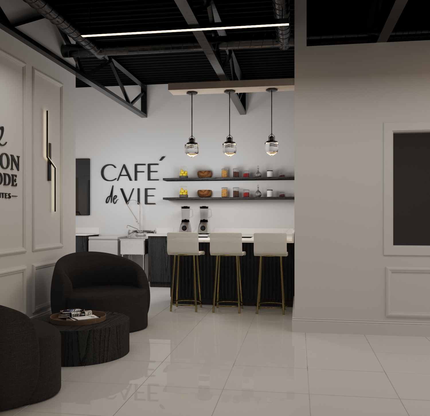 Modern cafe interior with bar stools, pendant lights, shelves with jars, and seating area with black chairs and a small table.
