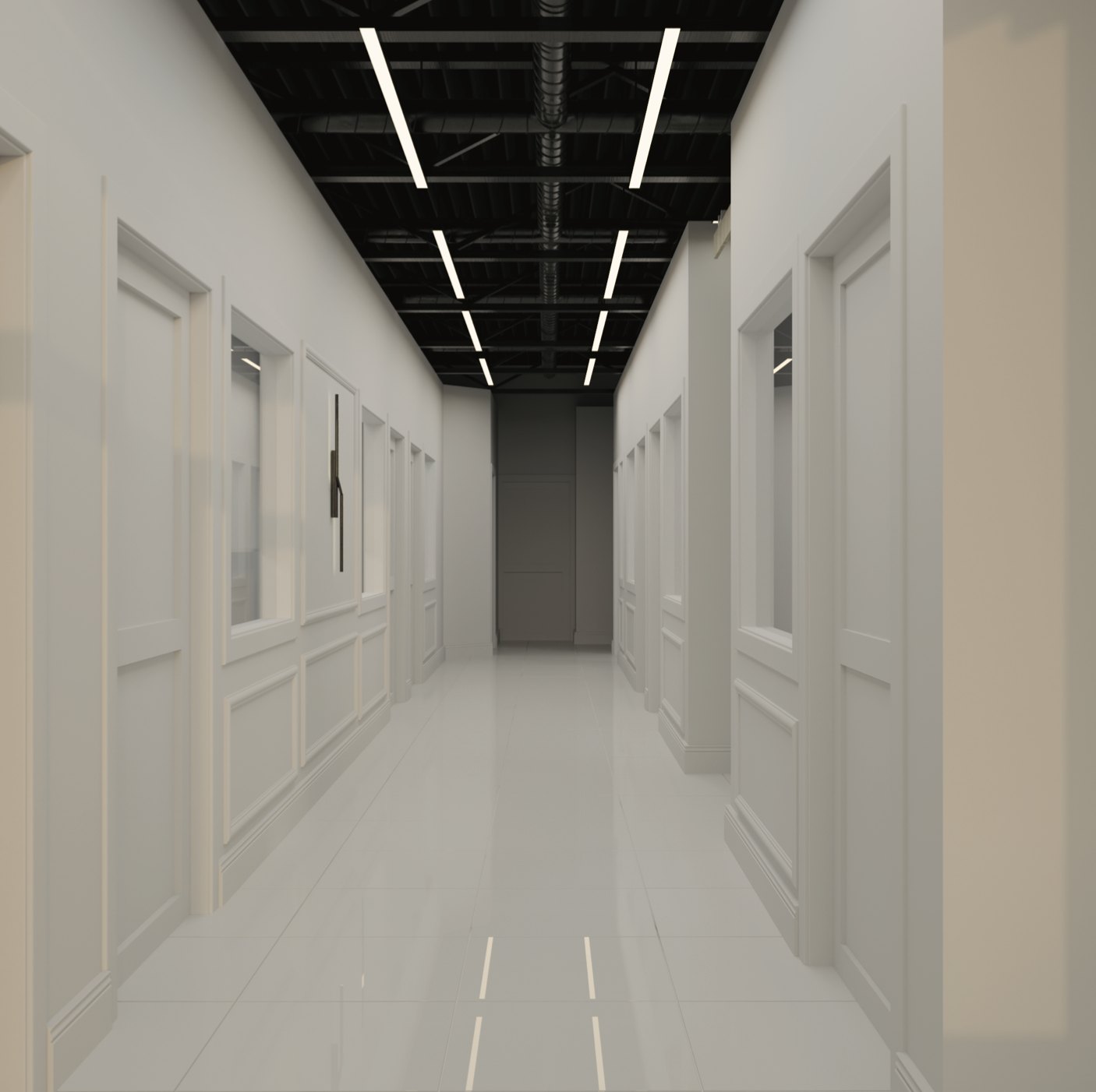 Main hallway inside Maison de Mode Salon Suites, designed to provide a clean, modern, and professional environment for independent beauty professionals.