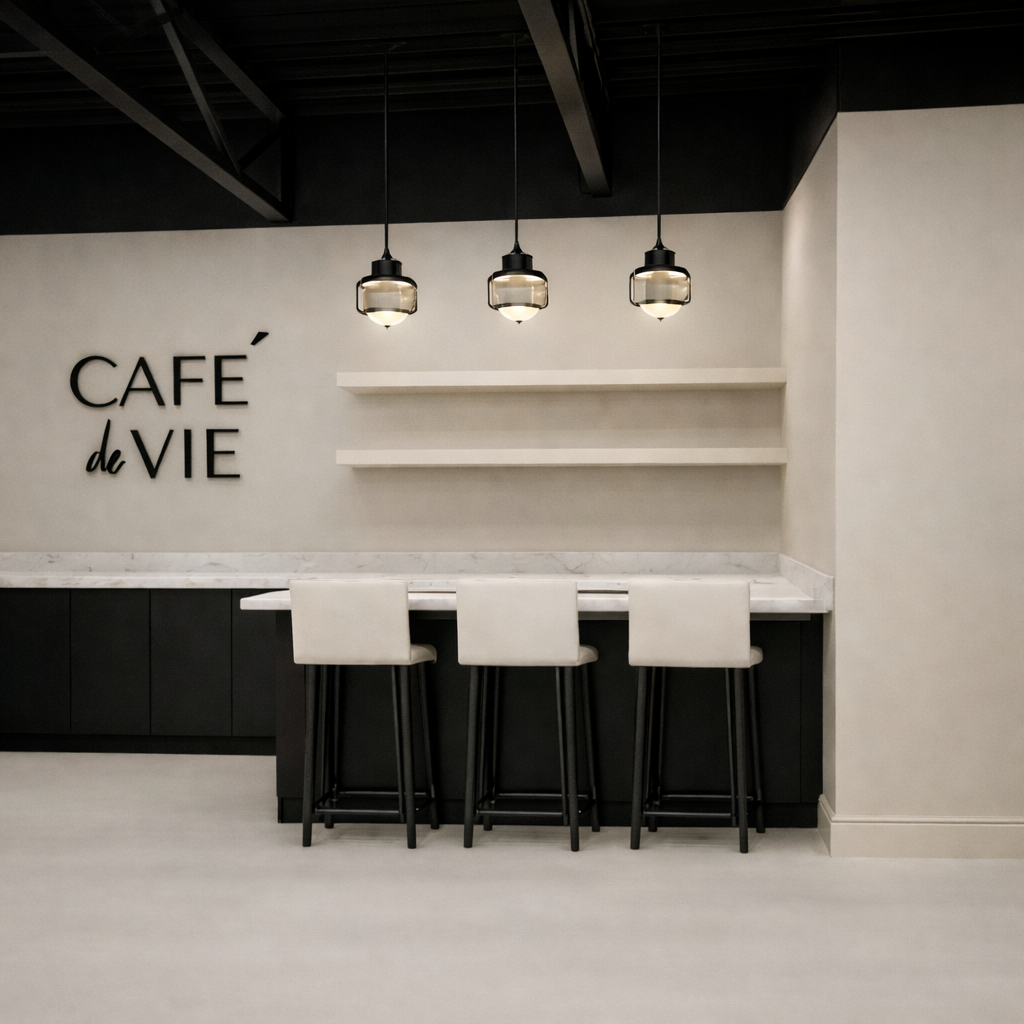Modern cafe interior with three hanging pendant lights, a white marble counter, a white wall with black lettering reading 'Café de Vie,' and four white bar stools.