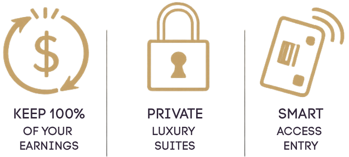 Icons for financial benefits, private luxury suites, and smart access entry with text descriptions for each.