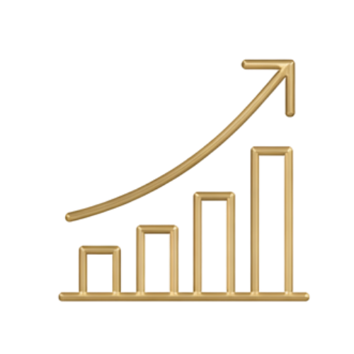 Gold-colored bar and line graph showing growth, with four vertical bars increasing in height from left to right.