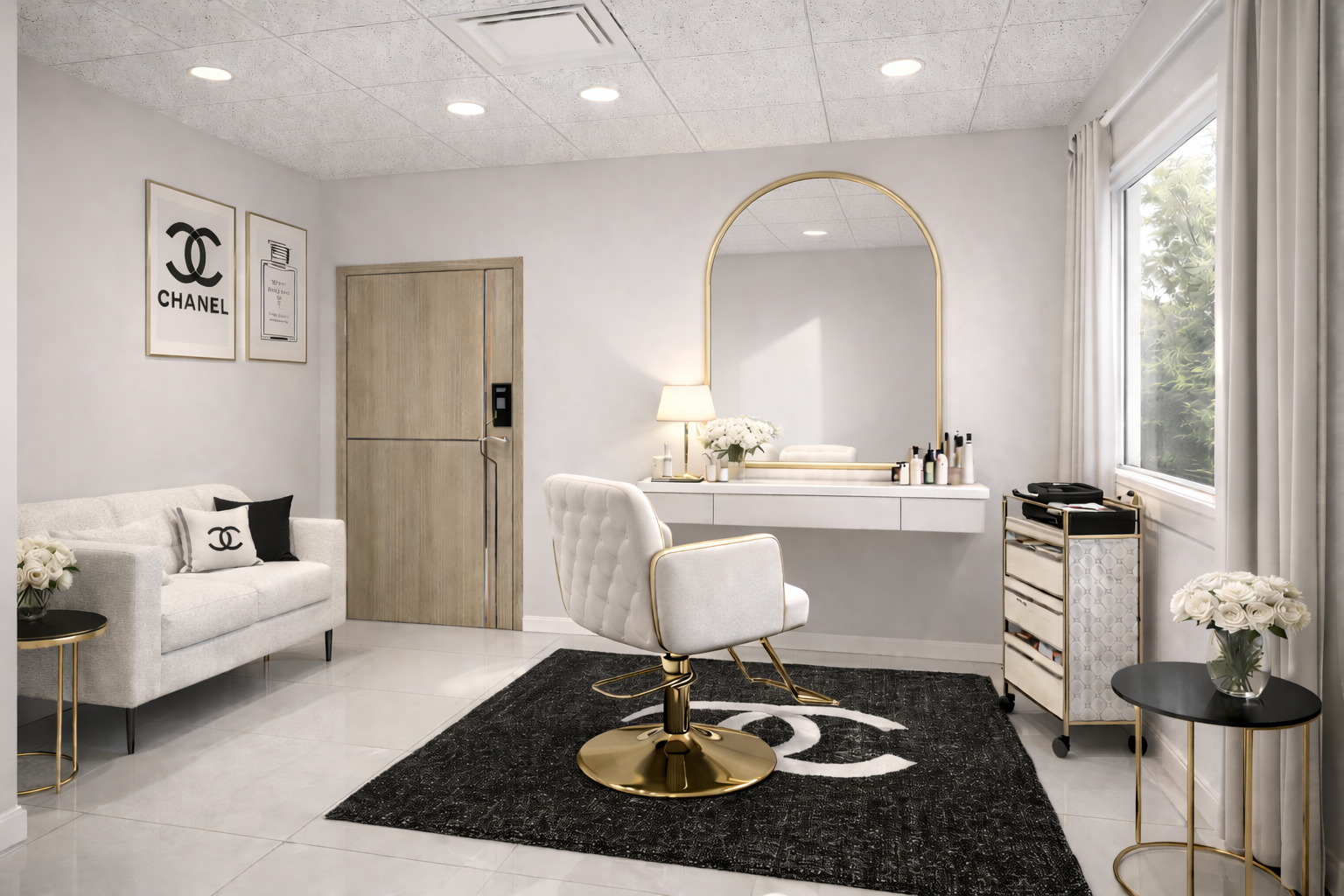 Luxurious beauty salon with white decor, gold accents, a large mirror, a white salon chair, a black rug with the Chanel logo, floral arrangements, and framed Chanel artwork.