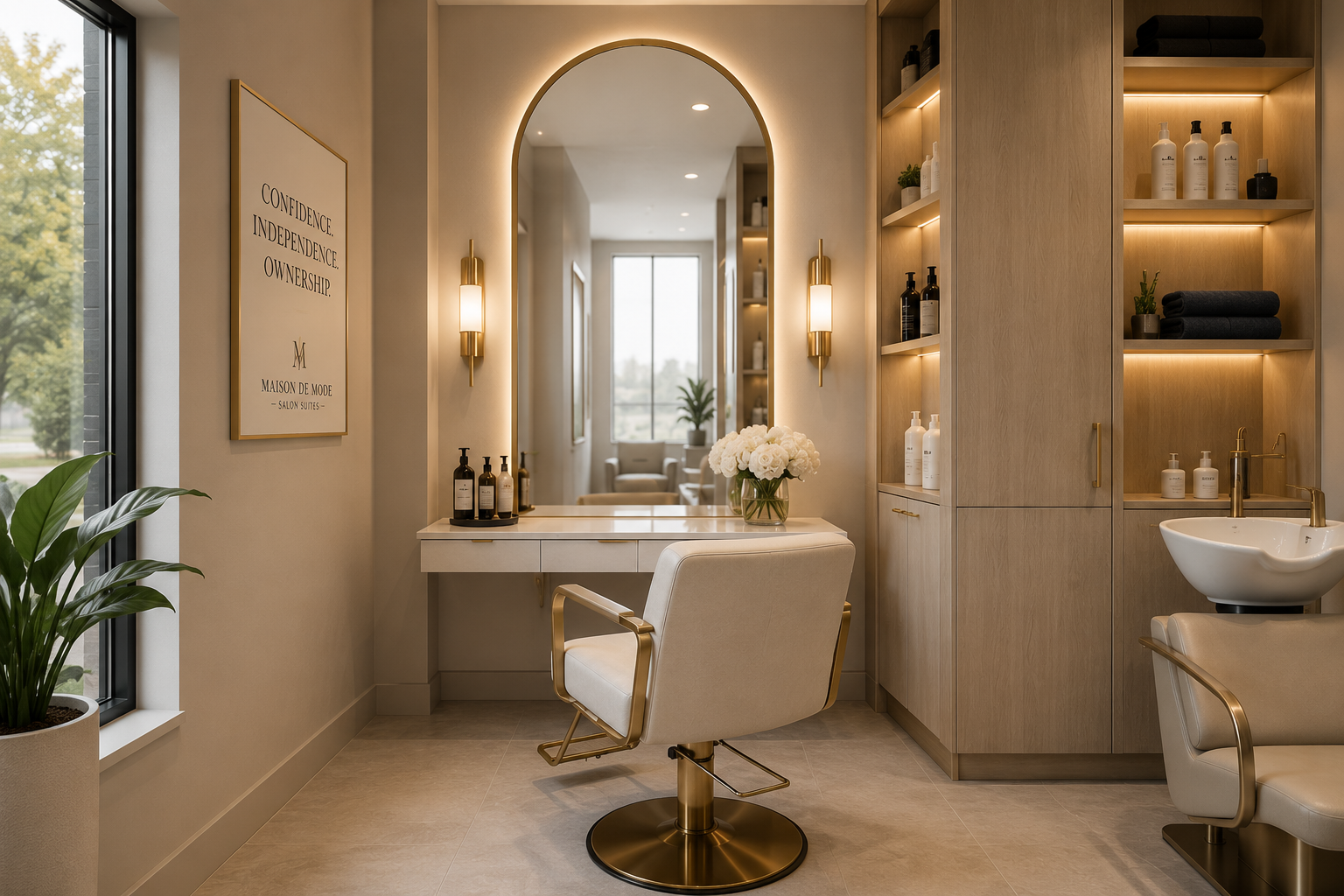 Interior of a modern salon with a large mirror, a white salon chair, a dresser with flowers, and shelves with beauty products.