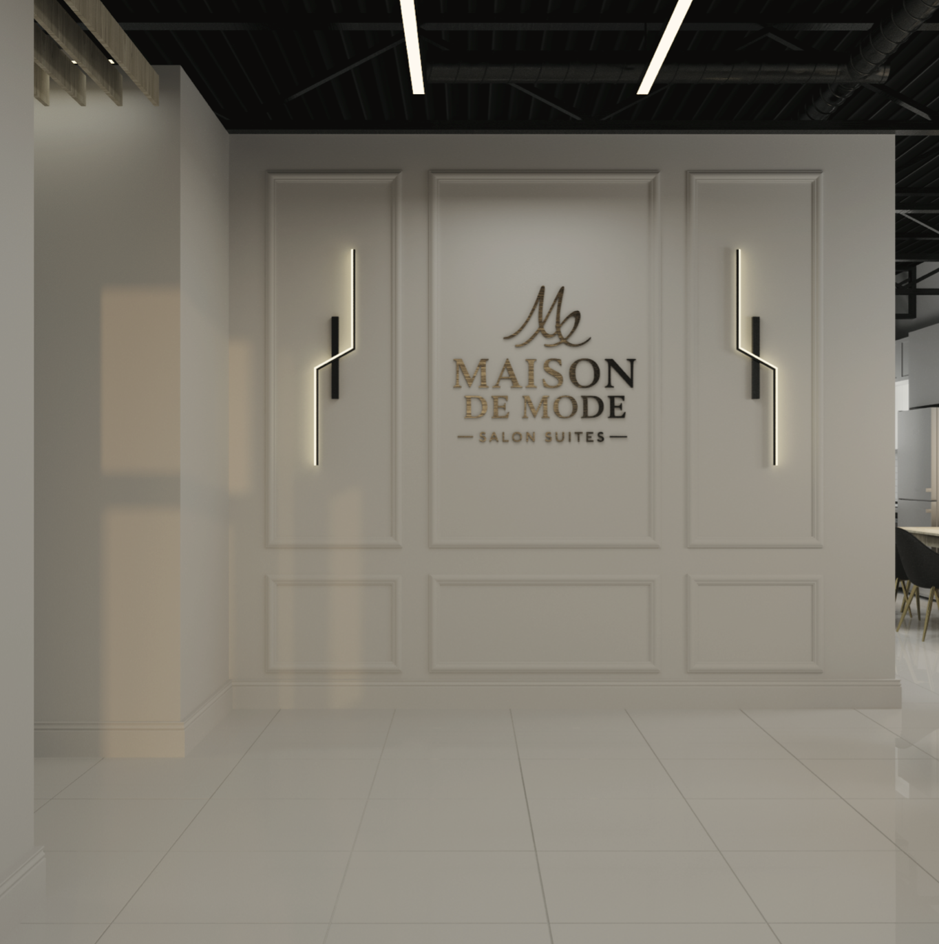 Entrance feature wall inside Maison de Mode Salon Suites, showcasing the brand logo in a modern luxury salon suite environment.