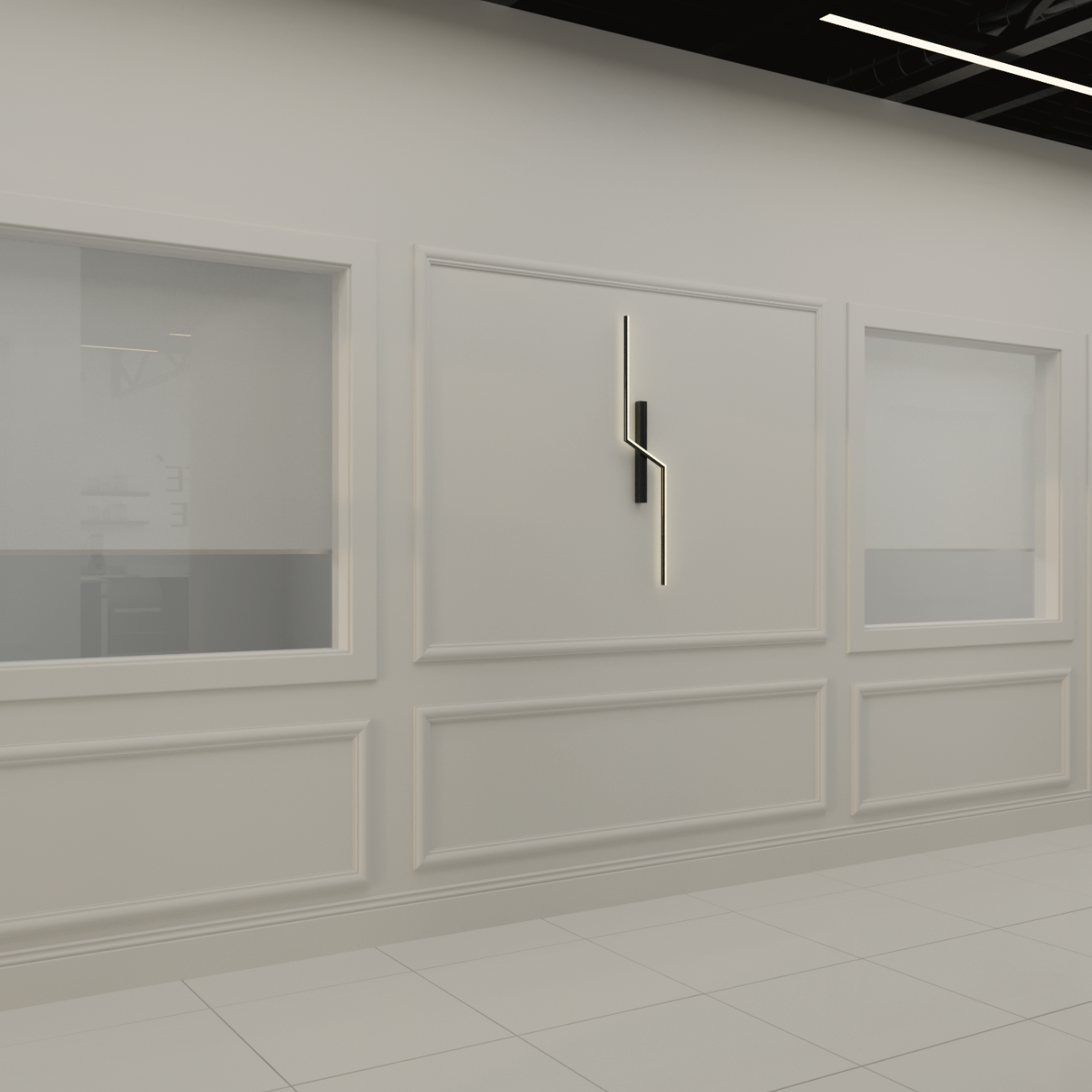 Interior architectural detail inside Maison de Mode Salon Suites, featuring frosted glass panels designed for privacy and a clean, modern aesthetic.