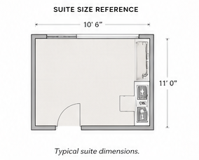 Floor plan of a typical suite measuring 10 feet 6 inches by 11 feet, showing a door on one side and a small kitchenette area with a sink and appliances.