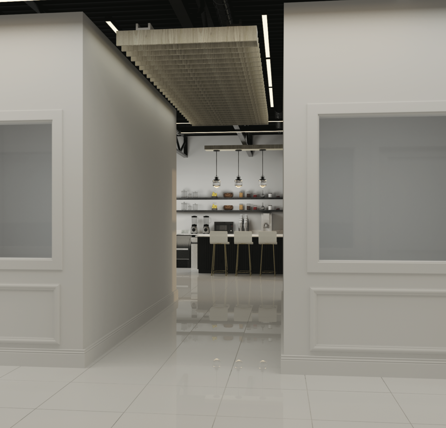 Shared café and refreshment area inside Maison de Mode Salon Suites, designed to support tenant comfort and daily operations.