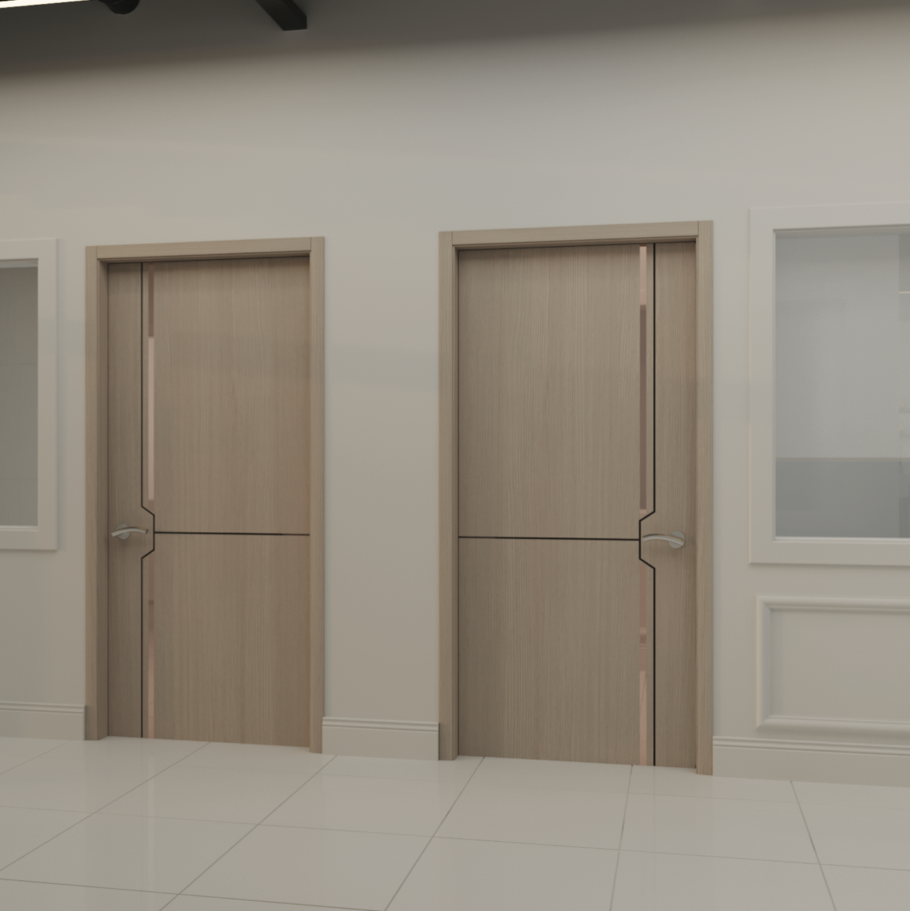 Two wooden elevator doors set in a white wall, with rectangular windows beside them and glossy tiled flooring.