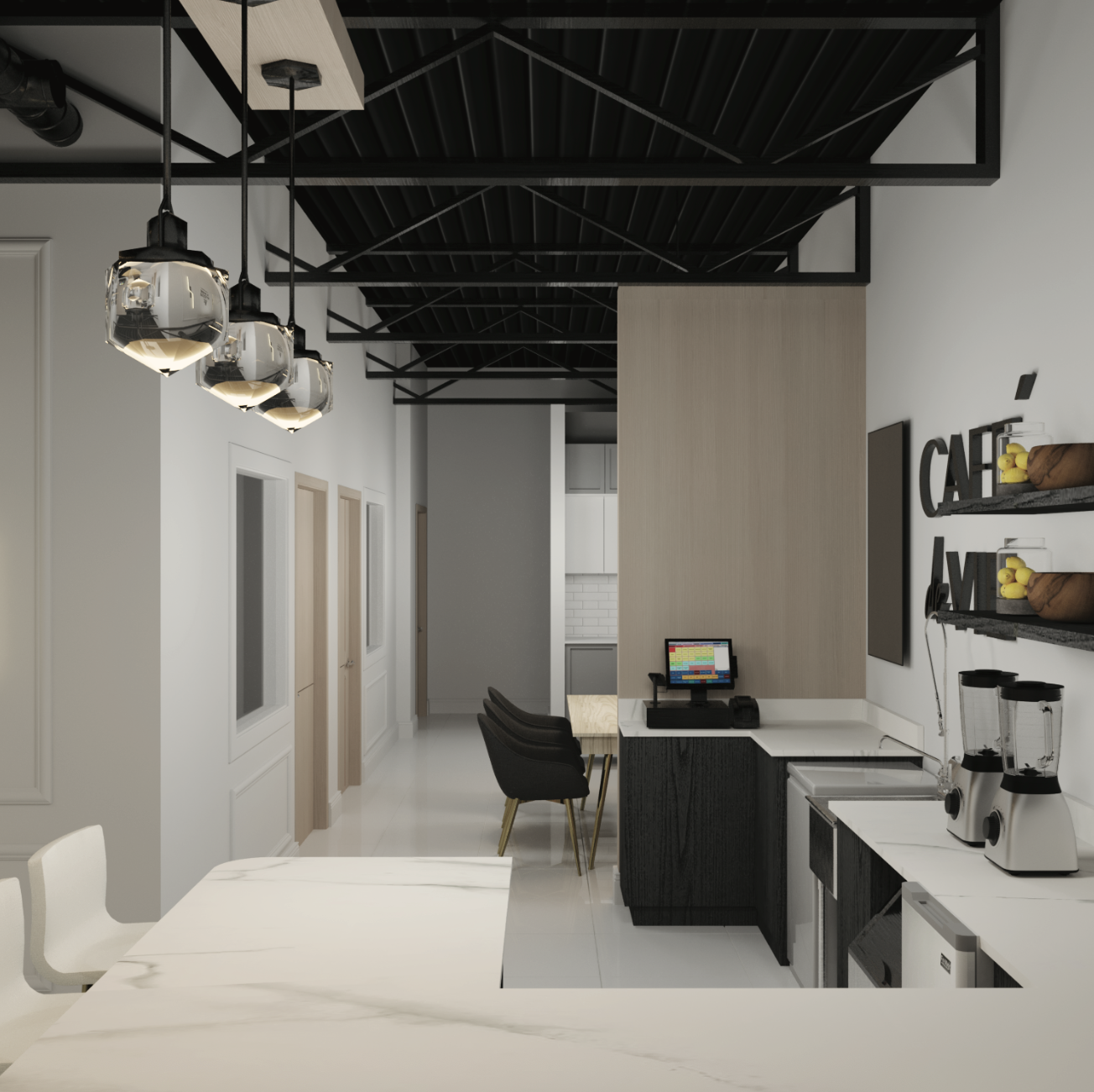 Café de Vie wellness beverage bar inside Maison de Mode Salon Suites, available as a shared amenity for tenants.