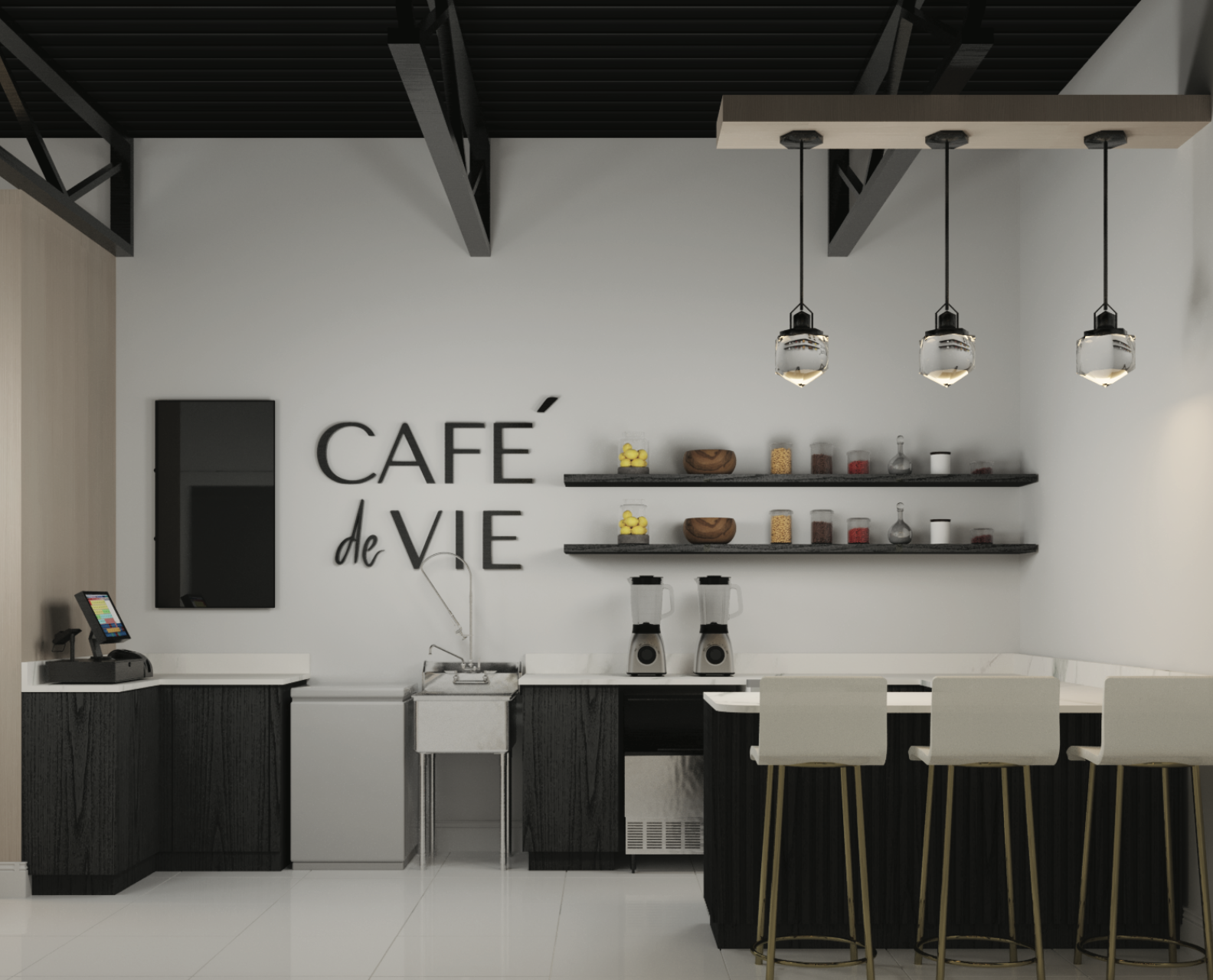 Shared seating and café space inside Maison de Mode Salon Suites for beauty professionals and their clients.