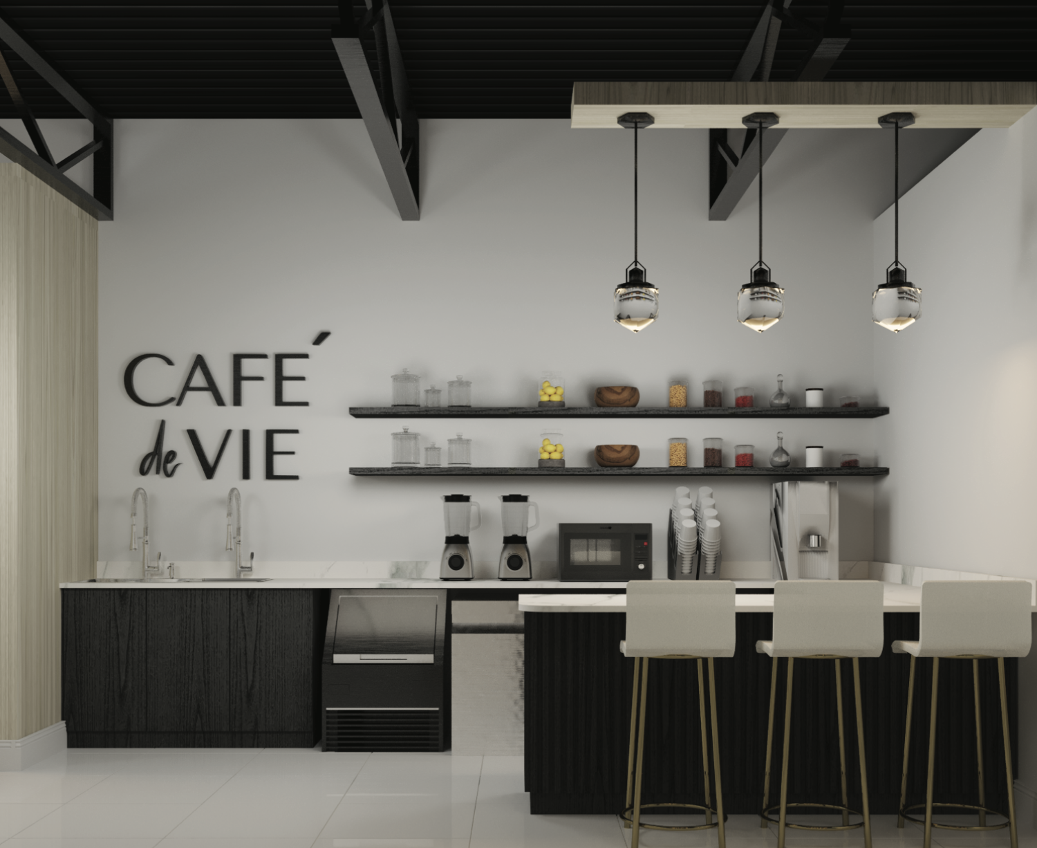 Café de Vie wellness beverage bar inside Maison de Mode Salon Suites, offering a shared amenity focused on balance and daily nourishment.