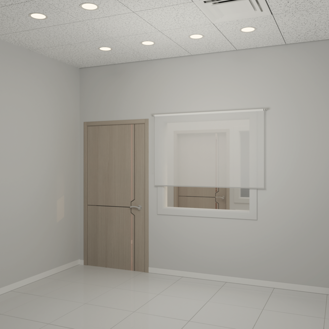 Empty room with gray walls, a wooden door, a window with a roller shade, white tiled floor, and a textured ceiling with recessed lights.