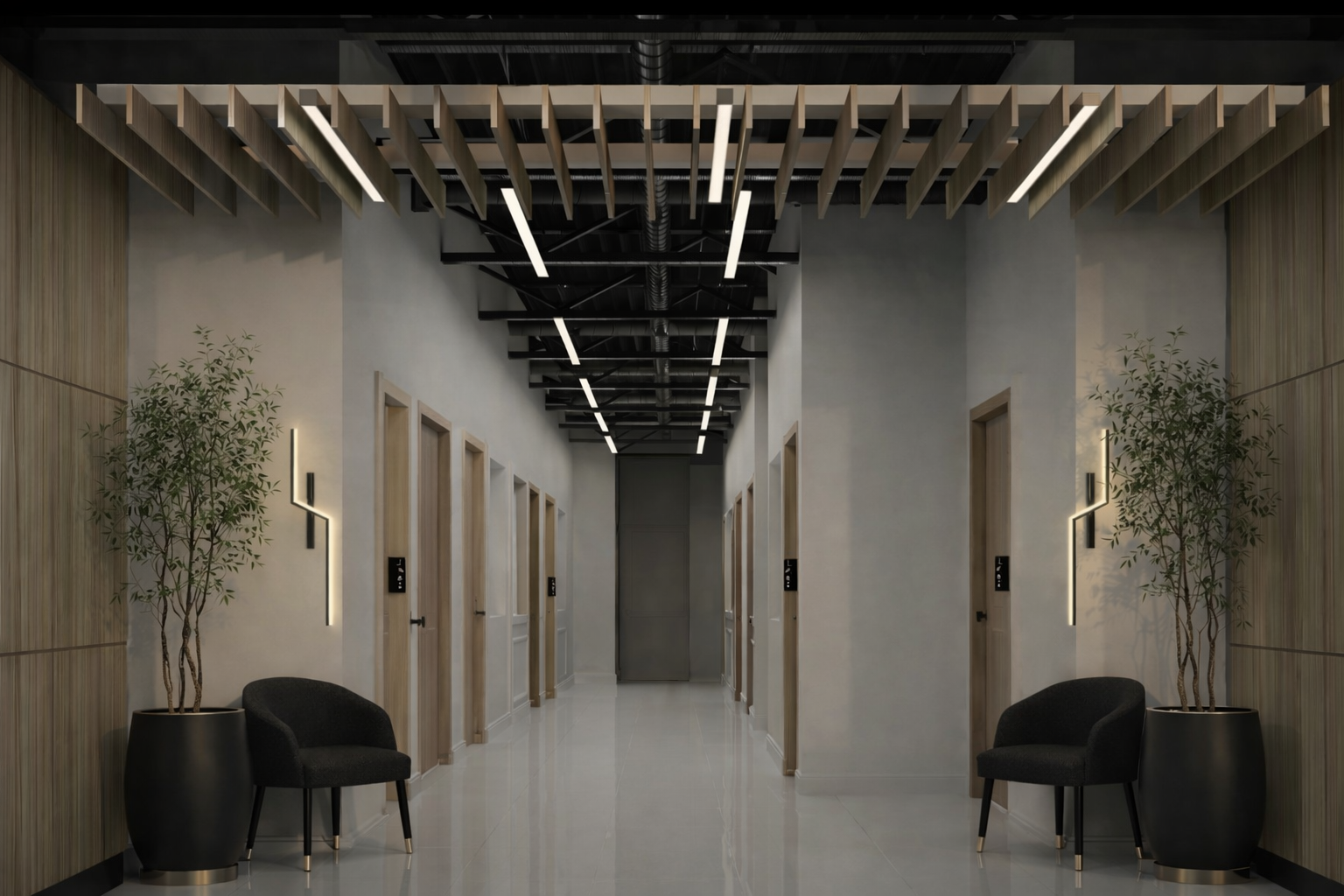 Modern hallway with multiple elevator doors, black seating with plants, and wood paneling with sleek lighting fixtures.