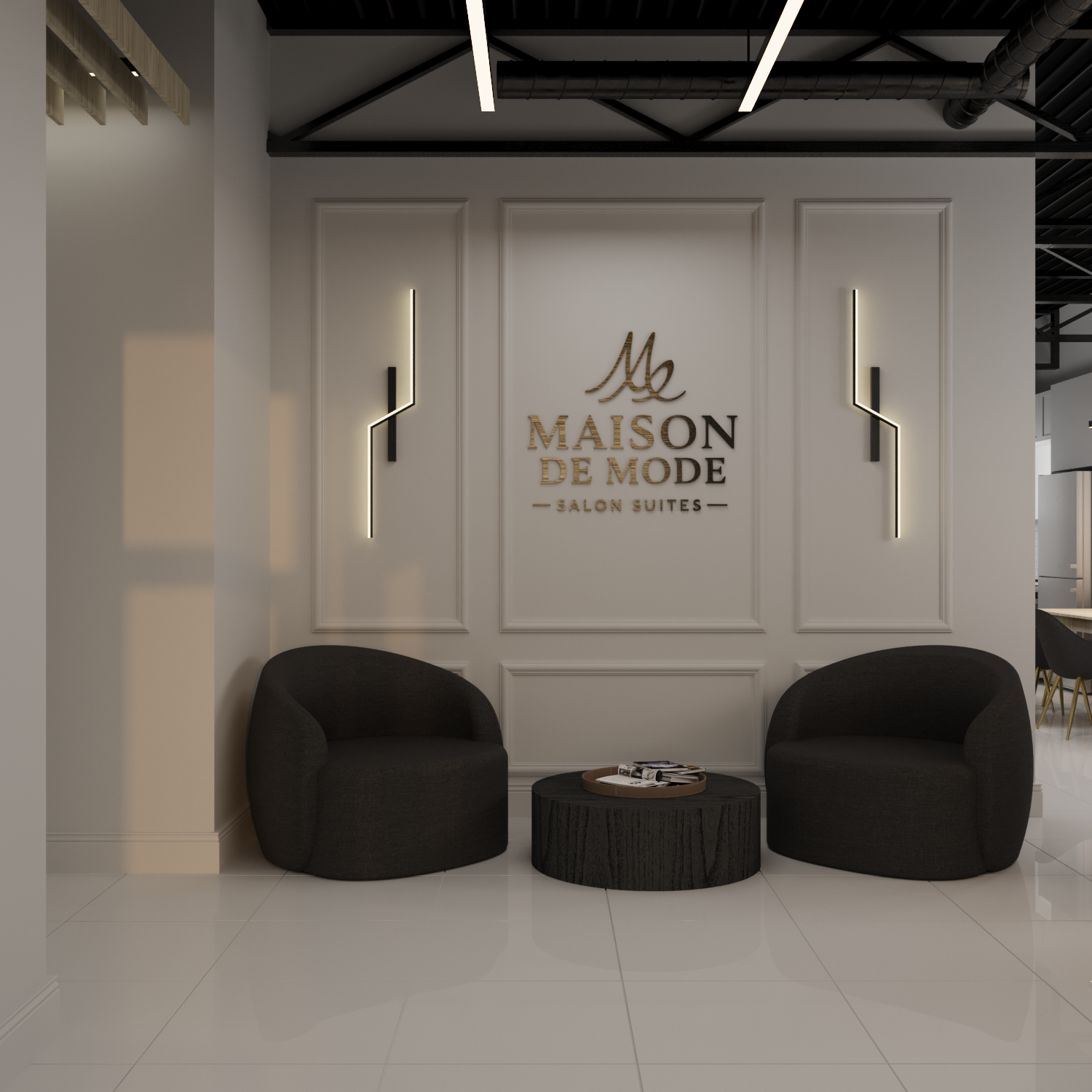 Lobby and welcome area inside Maison de Mode Salon Suites, designed with a modern luxury aesthetic.