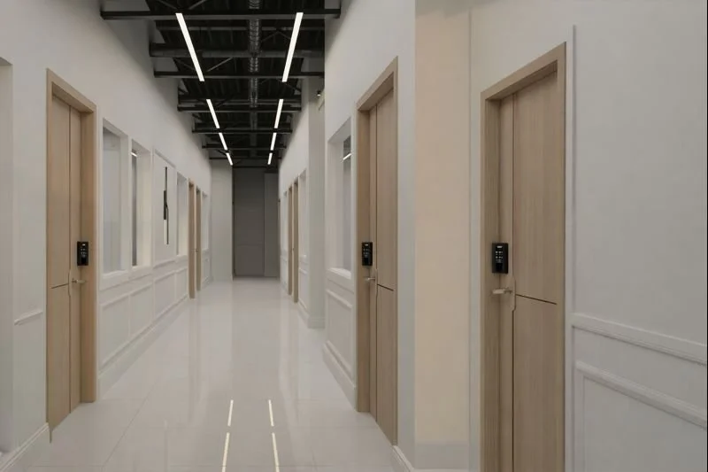 Empty corridor with multiple closed wooden doors, digital keypads, white walls, and black ceiling with linear lighting.