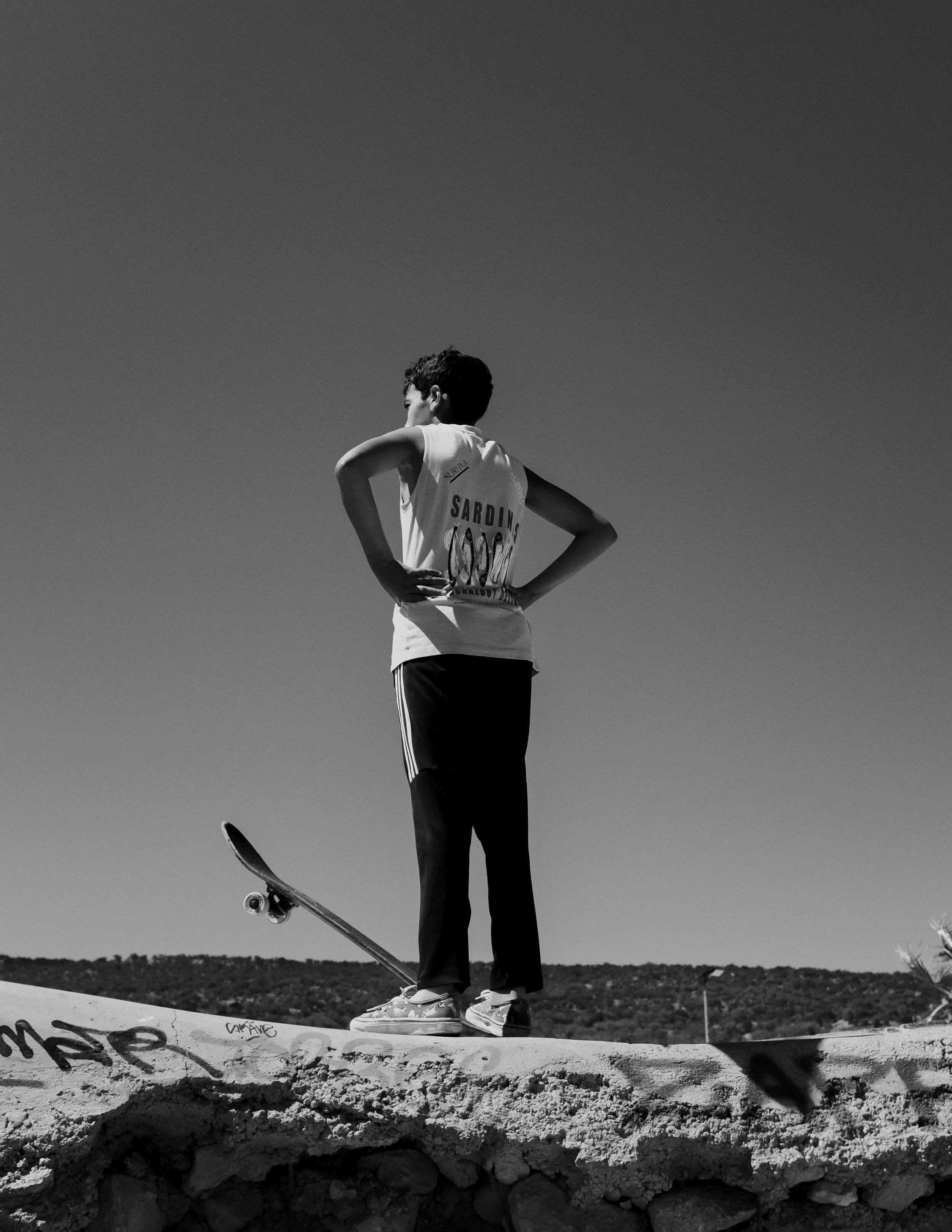 A boy stands on a concrete ledge with his skateboard, facing away, with arms akimbo, under a clear sky.