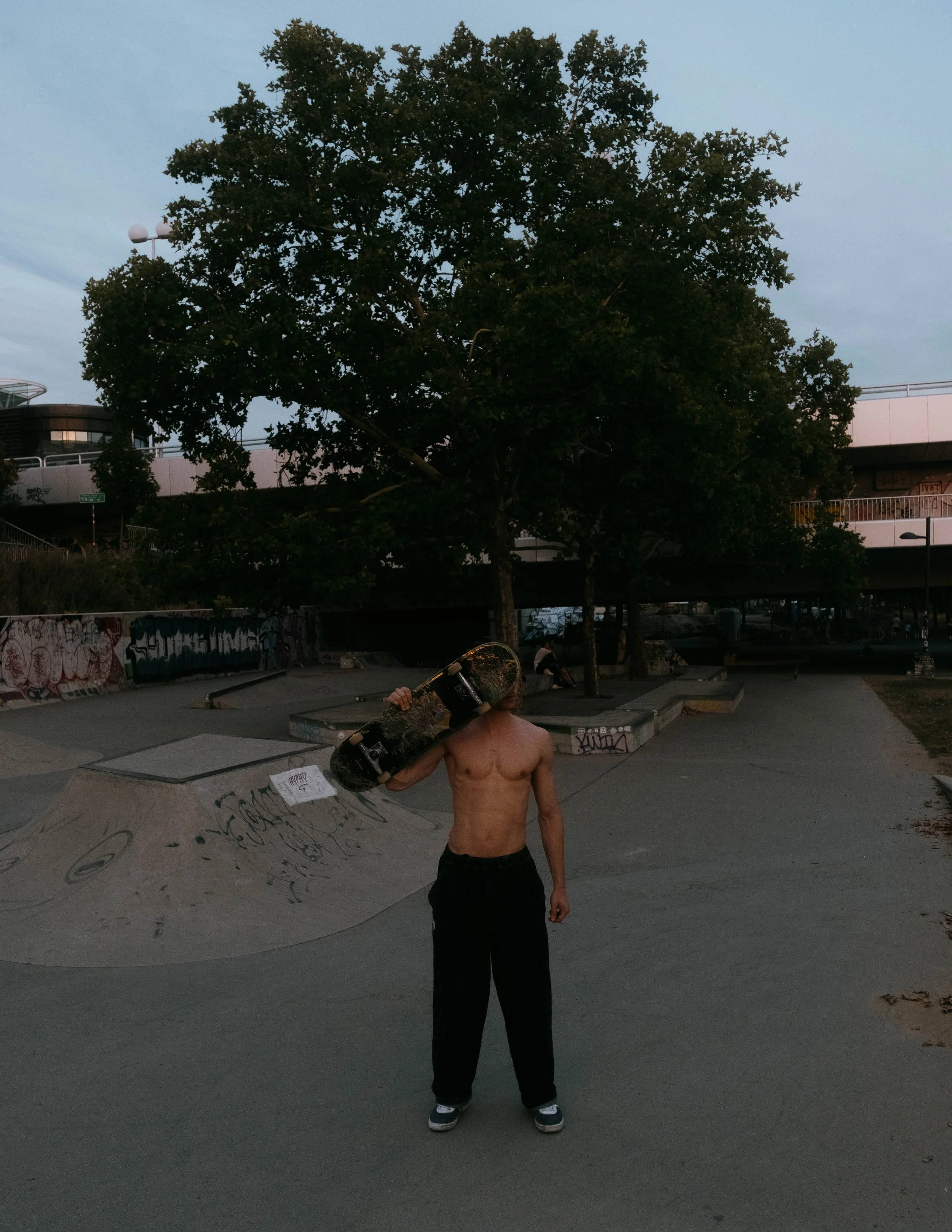 Young shirtless male skateboarder holding skateboard at skate park with graffiti-covered ramps and large leafy tree in background during dusk.