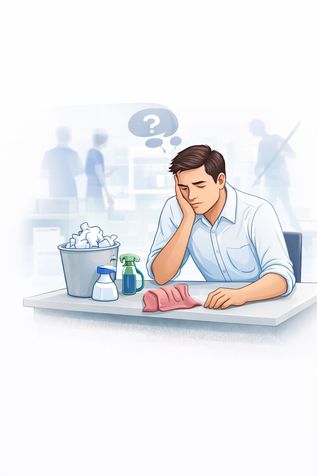 Business owner wiping a desk, showing time lost managing cleaning tasks