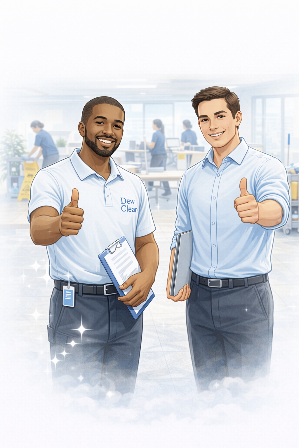 Friendly commercial cleaning professionals giving a thumbs up in a clean office