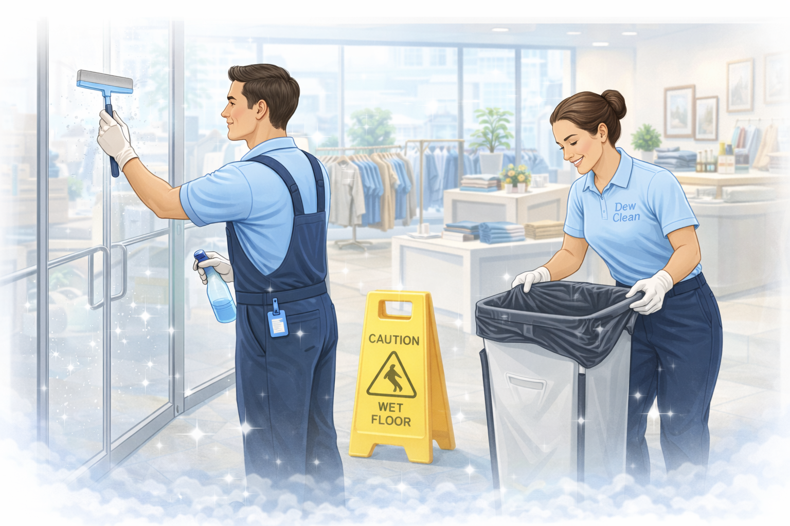 Commercial cleaning staff maintaining a clean retail space and glass surfaces