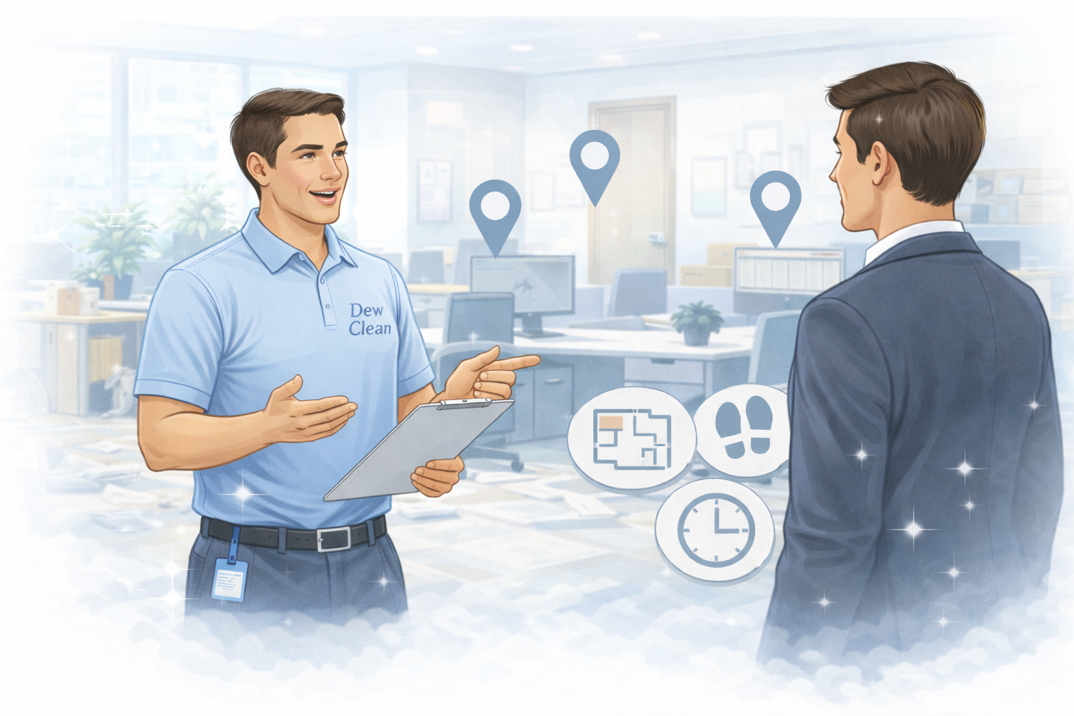 Commercial cleaning professional discussing service needs with a business owner